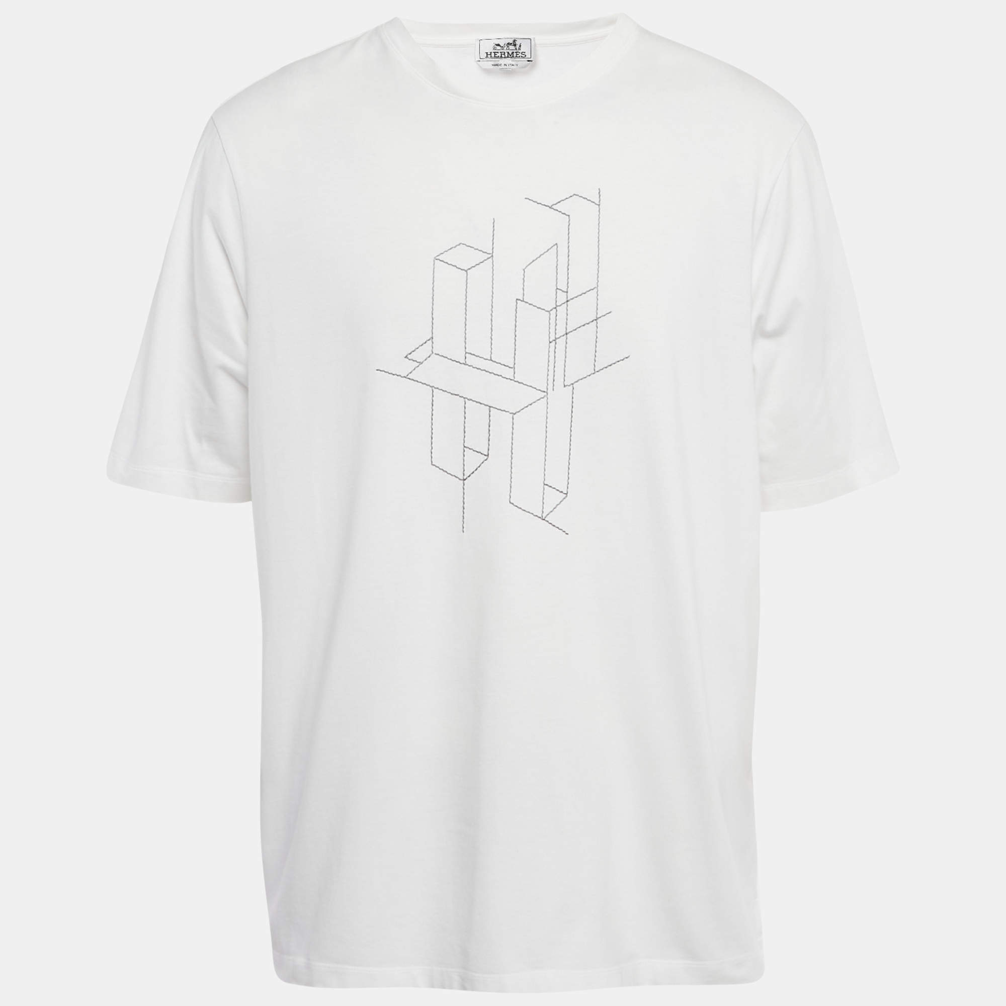 Pre Owned Hermes White H Embroidered Cotton "H 3D" Crewneck T-Shirt XXL 