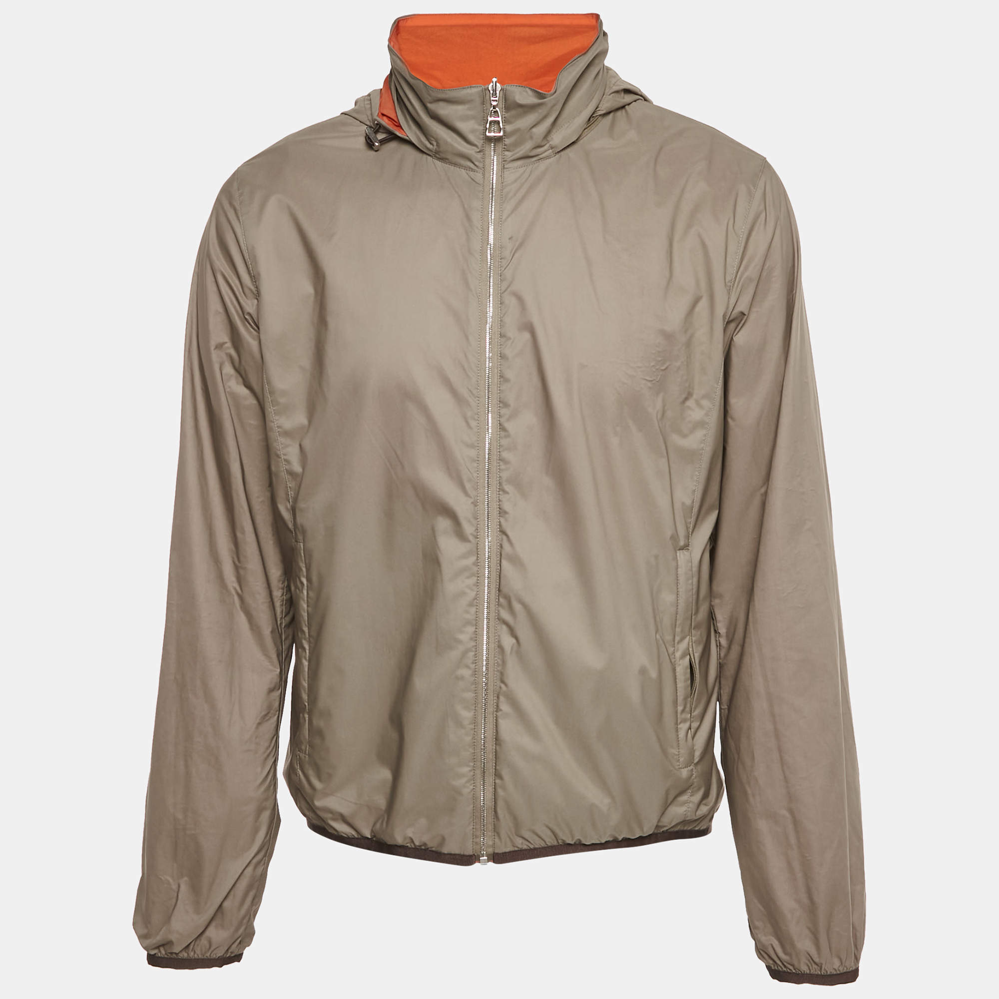 Pre Owned Hermès Orange/Grey Nylon Reversible Jacket L