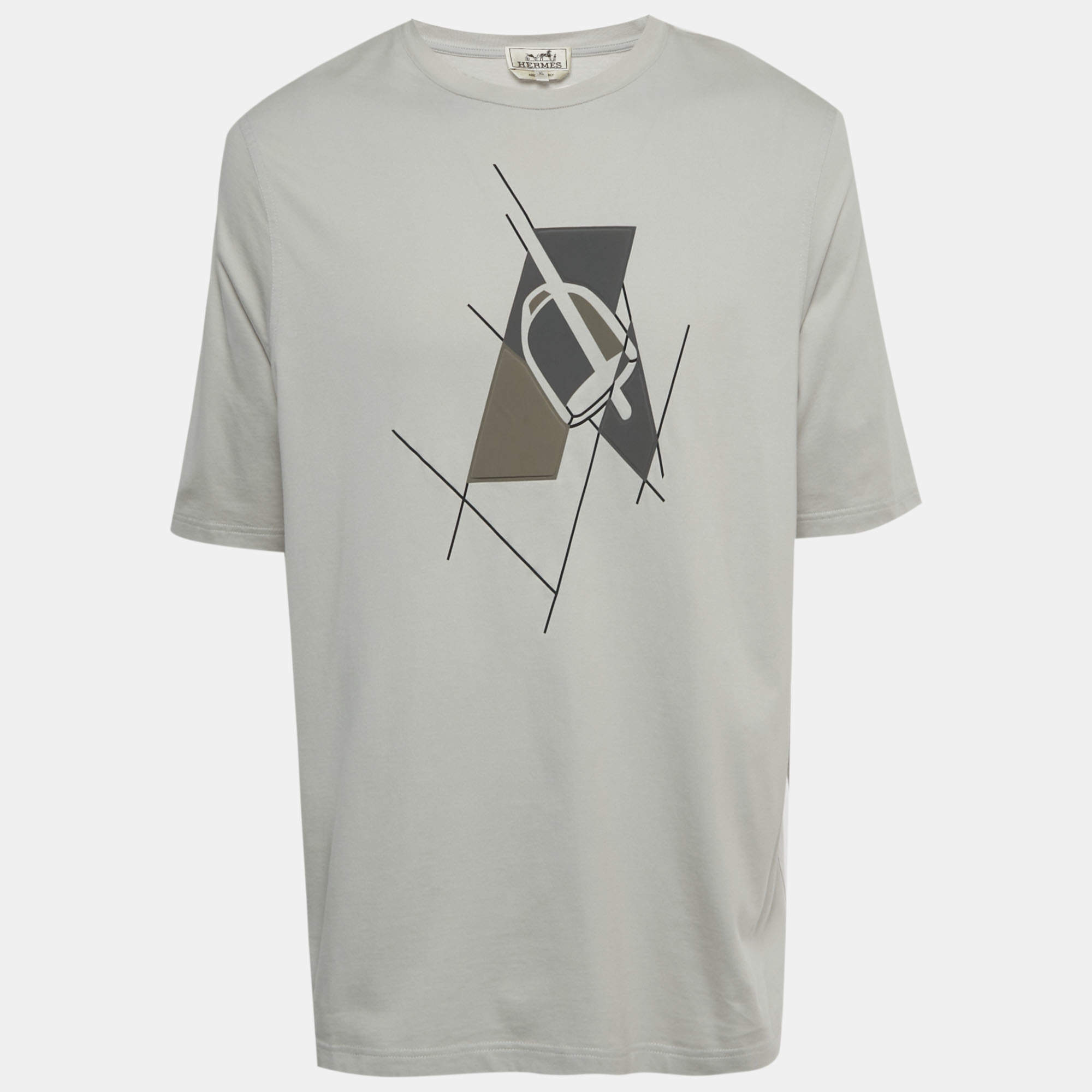 Pre Owned Hermès Grey Printed Jersey Crewneck T-Shirt XL
