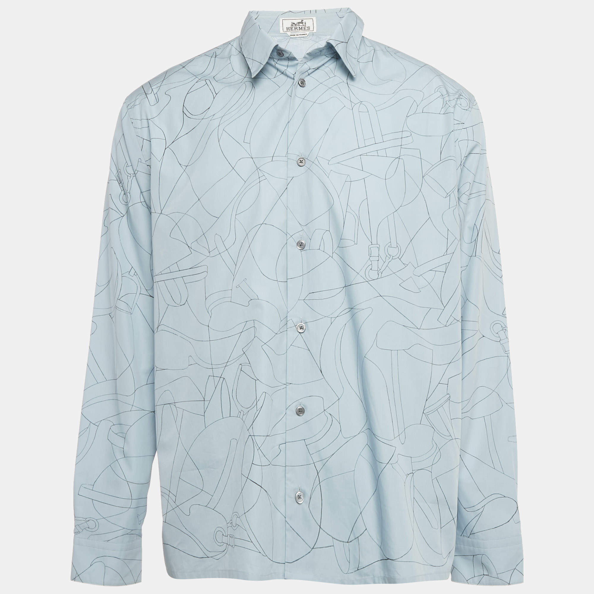 مملوكة مسبقًا Hermès Blue Printed Cotton Shirt XL