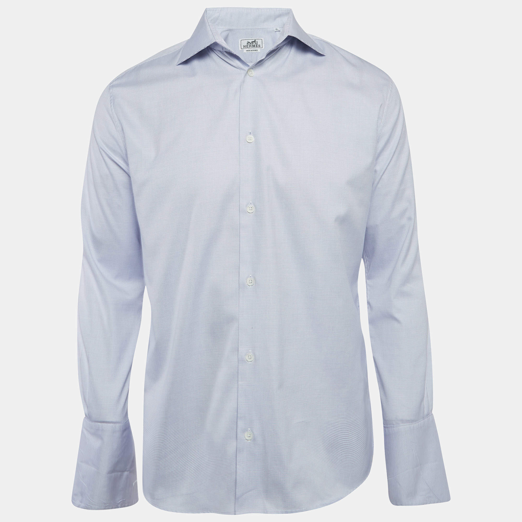 Pre Owned Hermes Blue Patterned Cotton Full Sleeve Shirt M