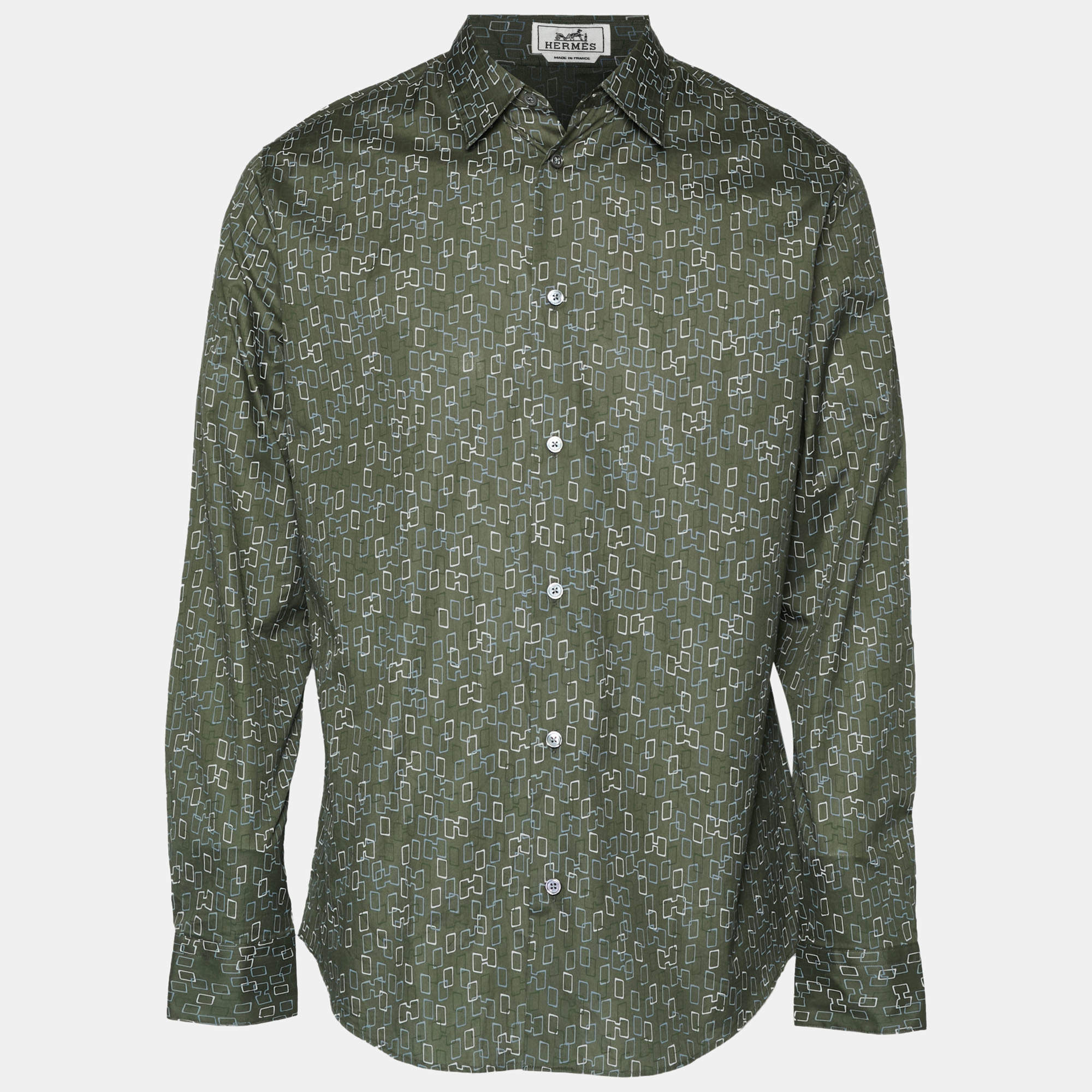 Pre Owned Hermes Green Printed Cotton Long Sleeve Shirt XL