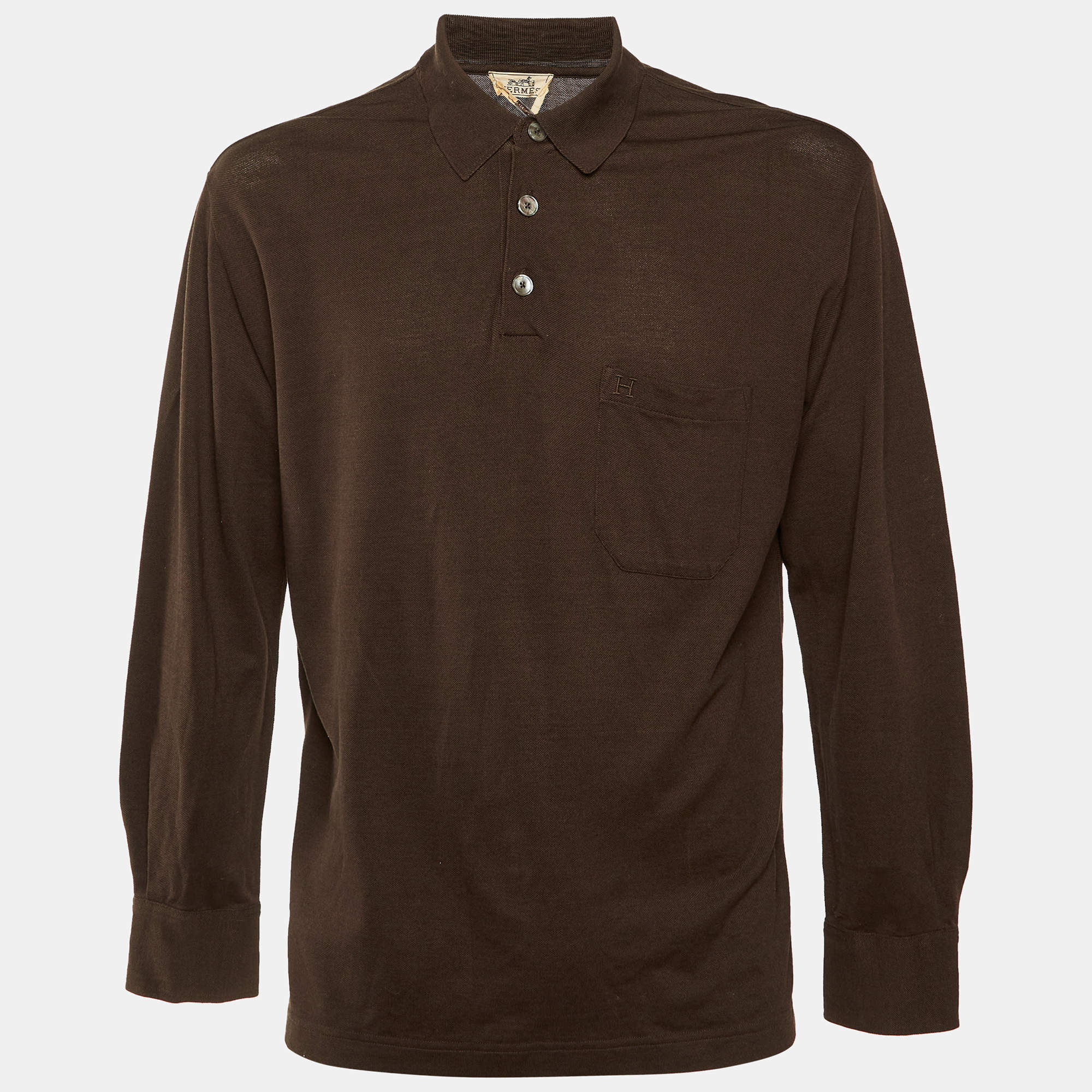 Pre Owned Hermès Brown Cotton Button Front Polo Long Sleeve T-Shirt L