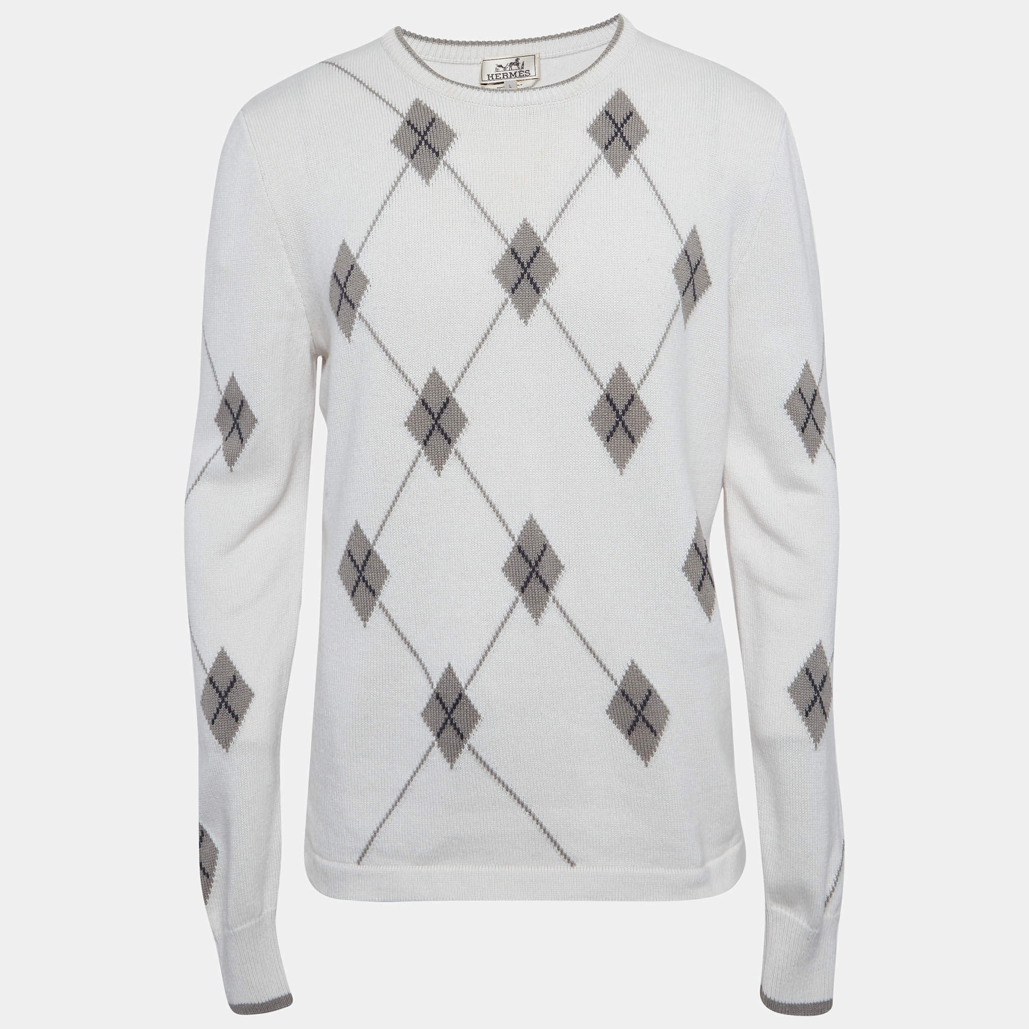 مملوكة مسبقًا Hermes Grey Intarsia Cashmere Knit Sweater L
