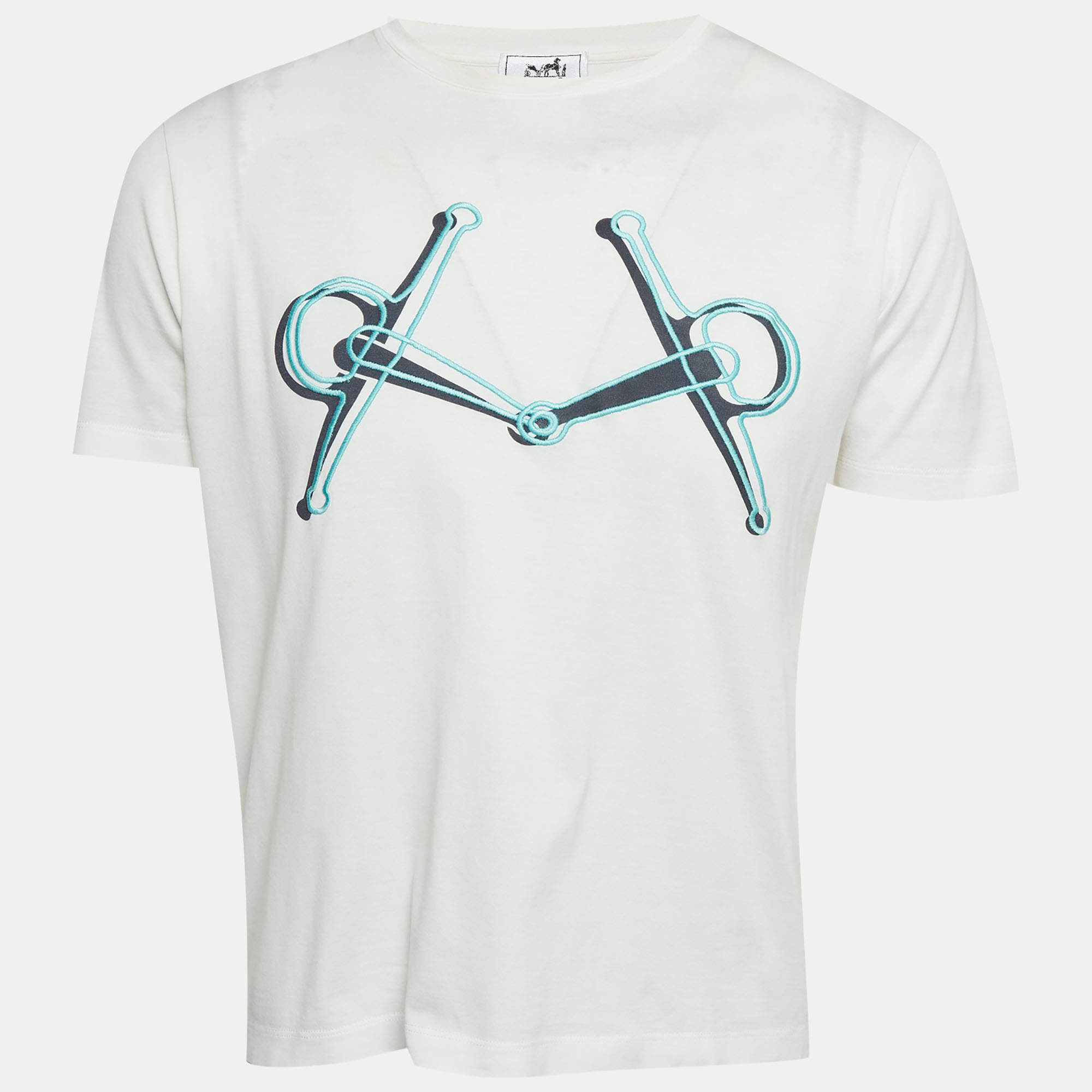 مملوكة مسبقًا Hermes White Horsebit Print Jersey T-Shirt S