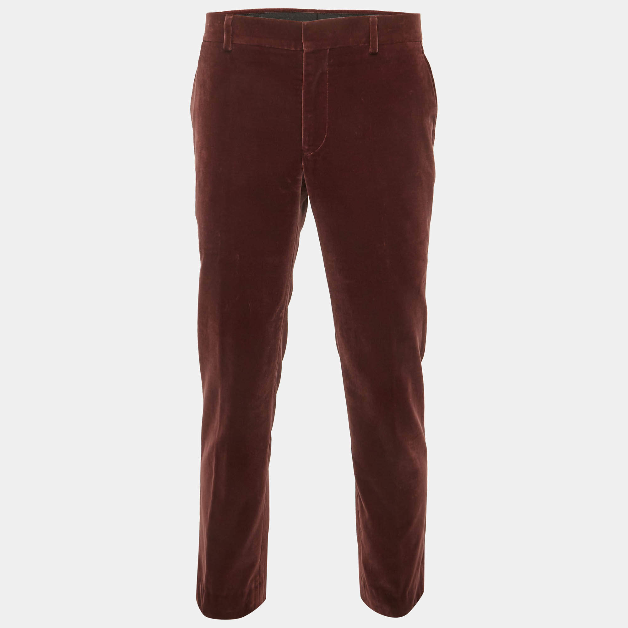 Pre Owned Hermes Burgundy Velvet Straight Fit Pants XXL