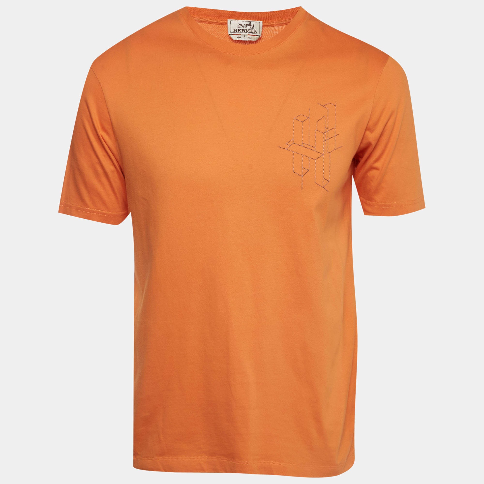 Pre Owned Hermès Orange Jersey "H 3D" Detail Crewneck T-Shirt S