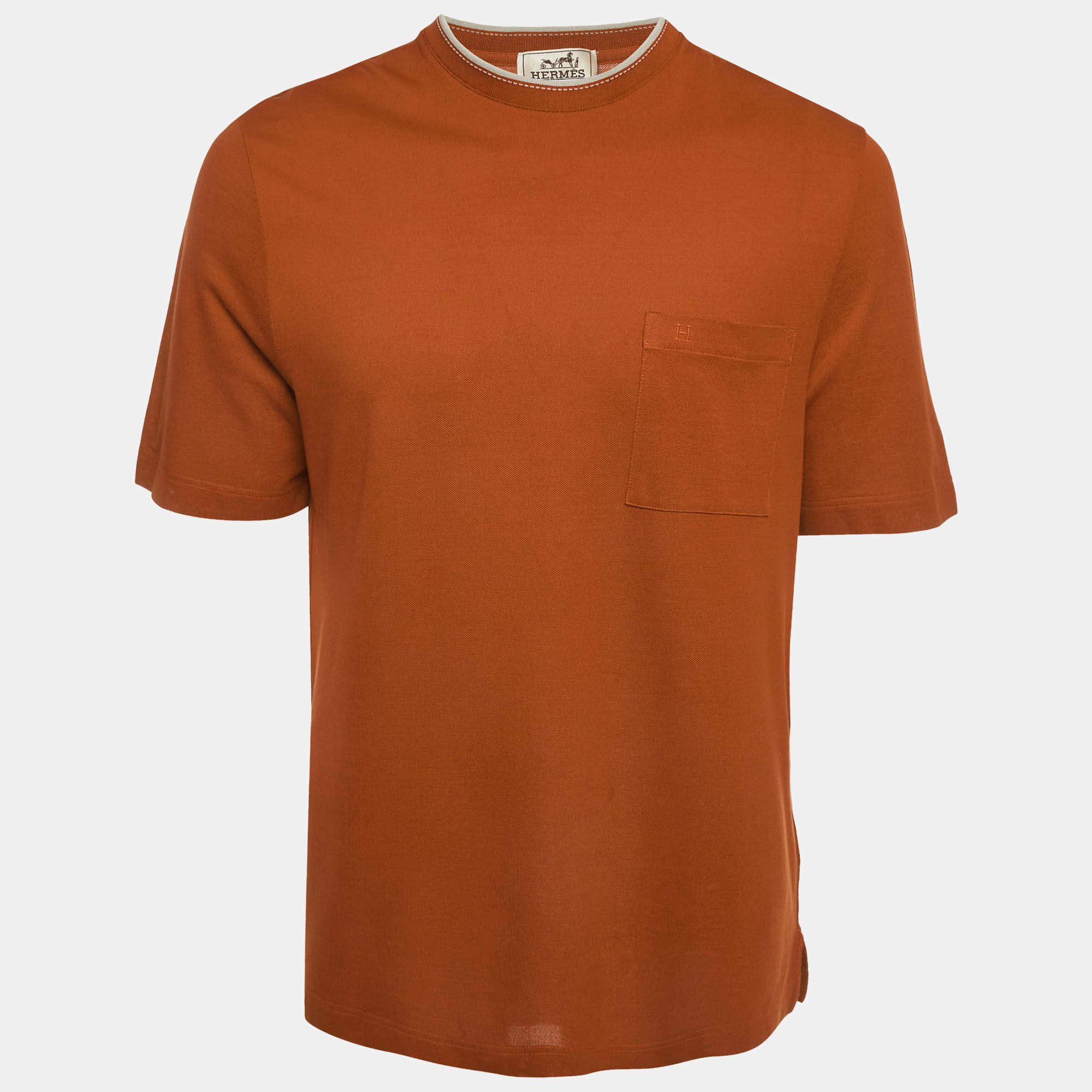 Pre Owned Hermès Orange Pique Knit Piqures Sellier Crewneck T-Shirt L
