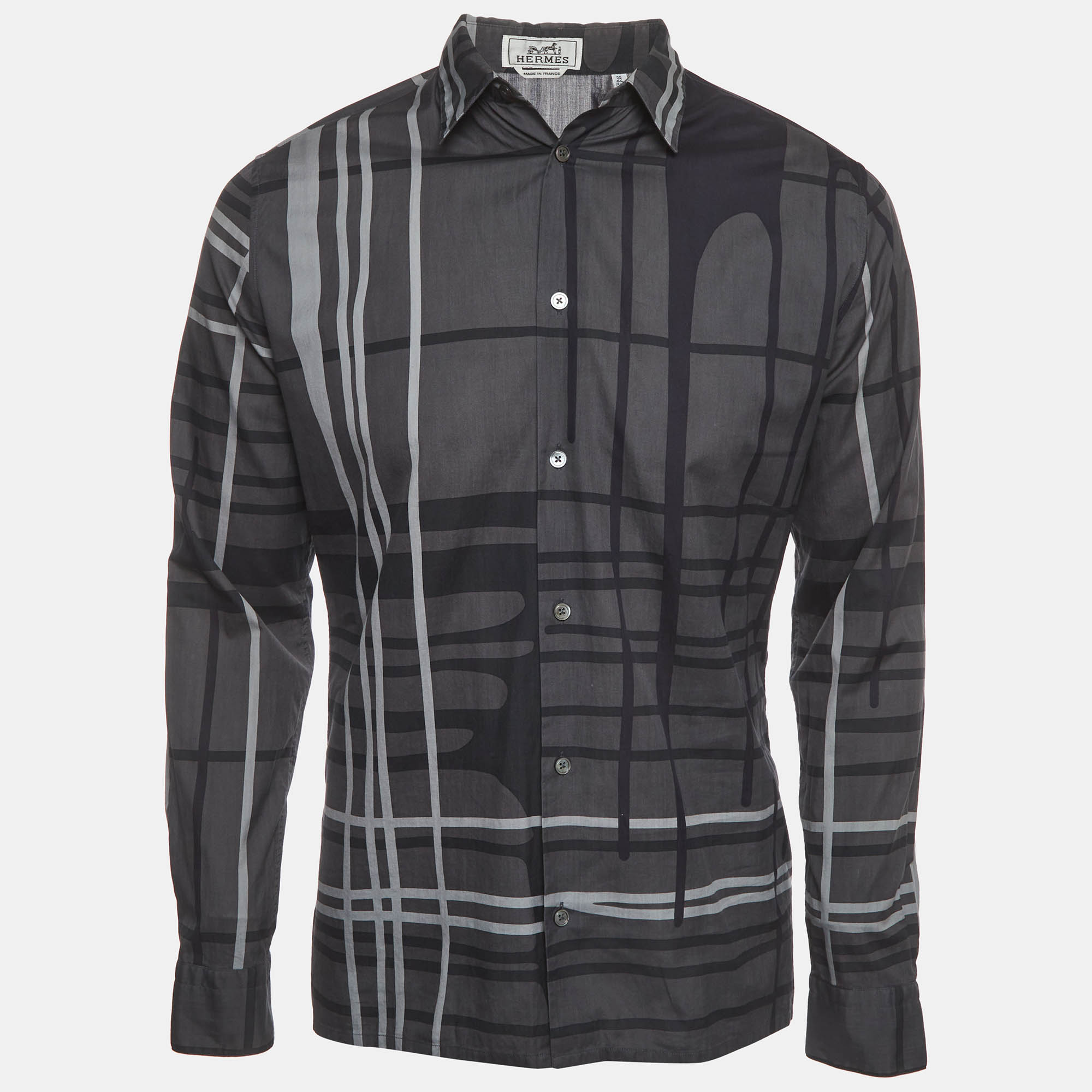 Pre Owned Hermès Gray Abstract Plaid Print Cotton Long Sleeve Shirt M