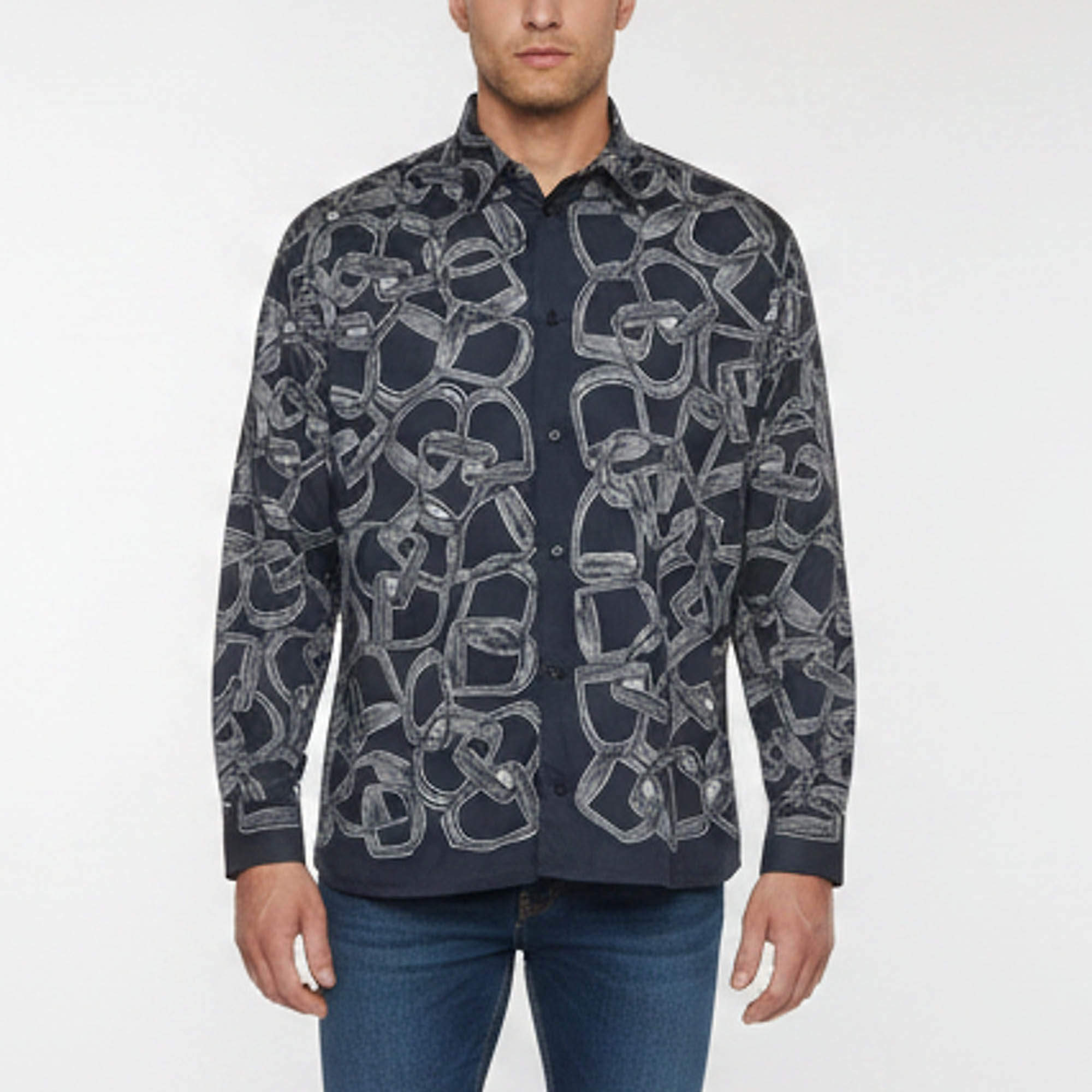 Pre Owned Hermes Blue Quincaillerie Equestre Print Cotton Shirt M