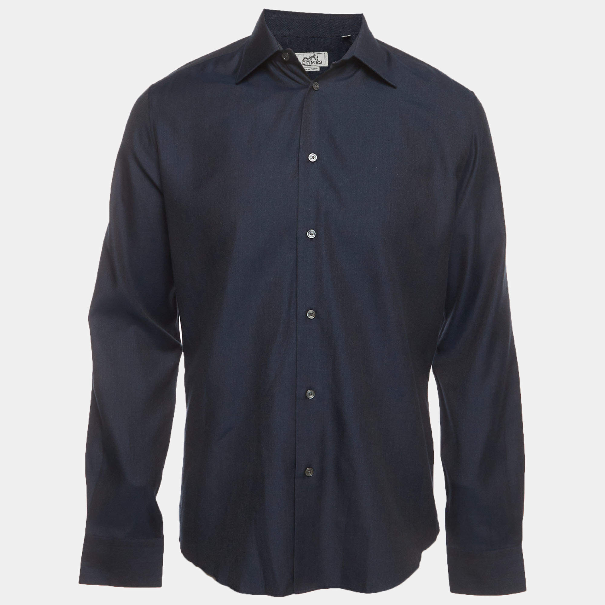 Pre Owned Hermès Navy Blue Chambray Long Sleeve Shirt M