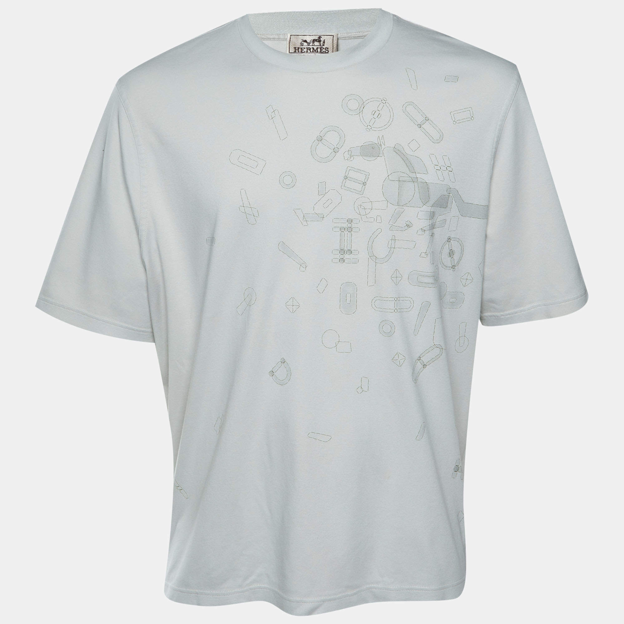 Pre Owned Hermes Pale Grey Fragments Équestres Cotton Crew Neck T-Shirt XL