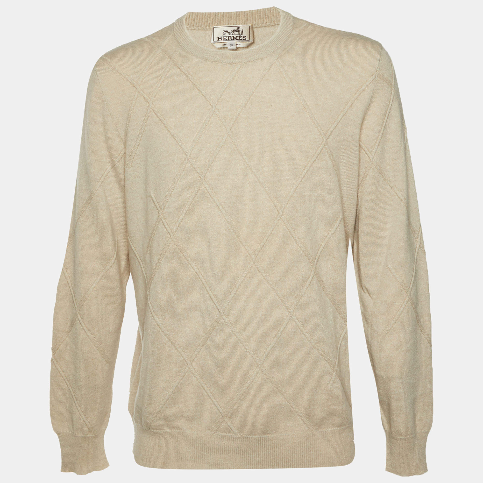 Pre Owned Hermes Beige Argyle Cashmere Knit Crew Neck Sweater XL