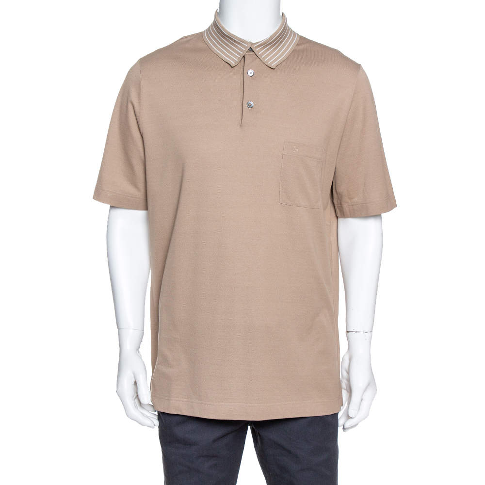 Hermes Beige Cotton Pique Striped Collar Polo T-Shirt XXL