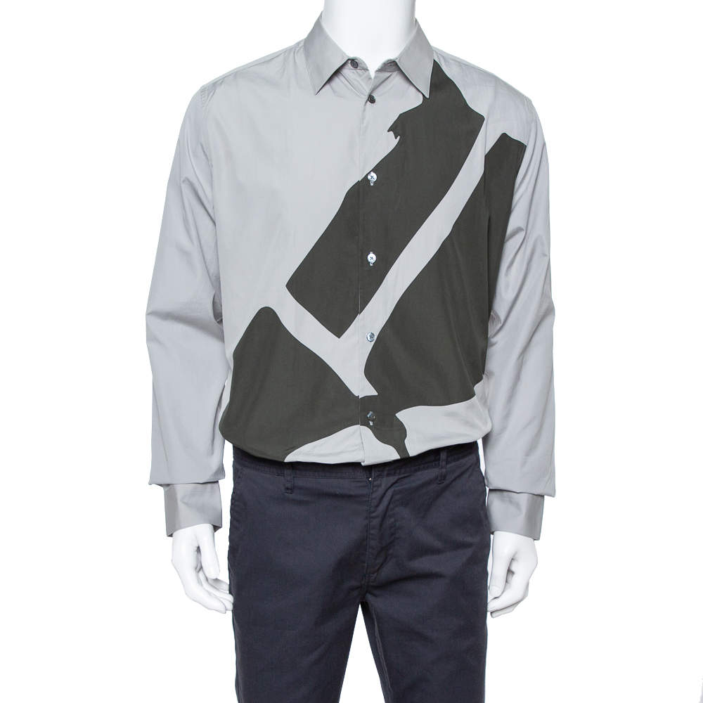 Pre Owned Hermes Grey Cotton Contrast Applique Detail Button Front Shirt XL