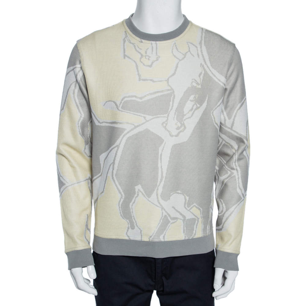 Pre Owned Hermès Grey Textured Knit Abstract Printed Sweater M    