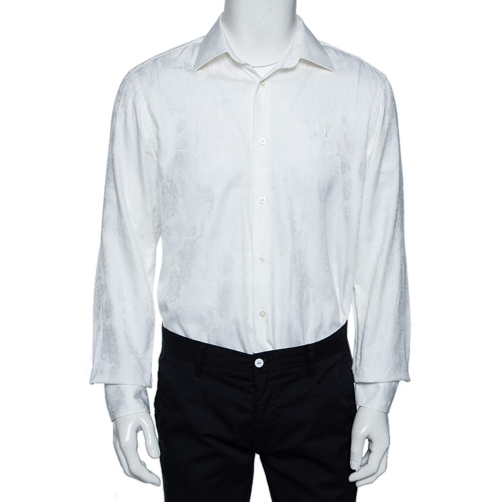 Hermes White Floral Jacquard Cotton Button Front Shirt L