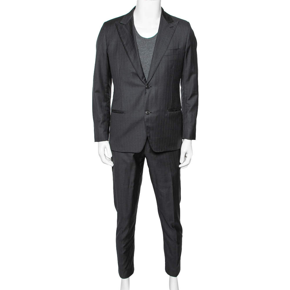 Hermes Charcoal Grey Pinstriped Wool Single Breasted Suit L