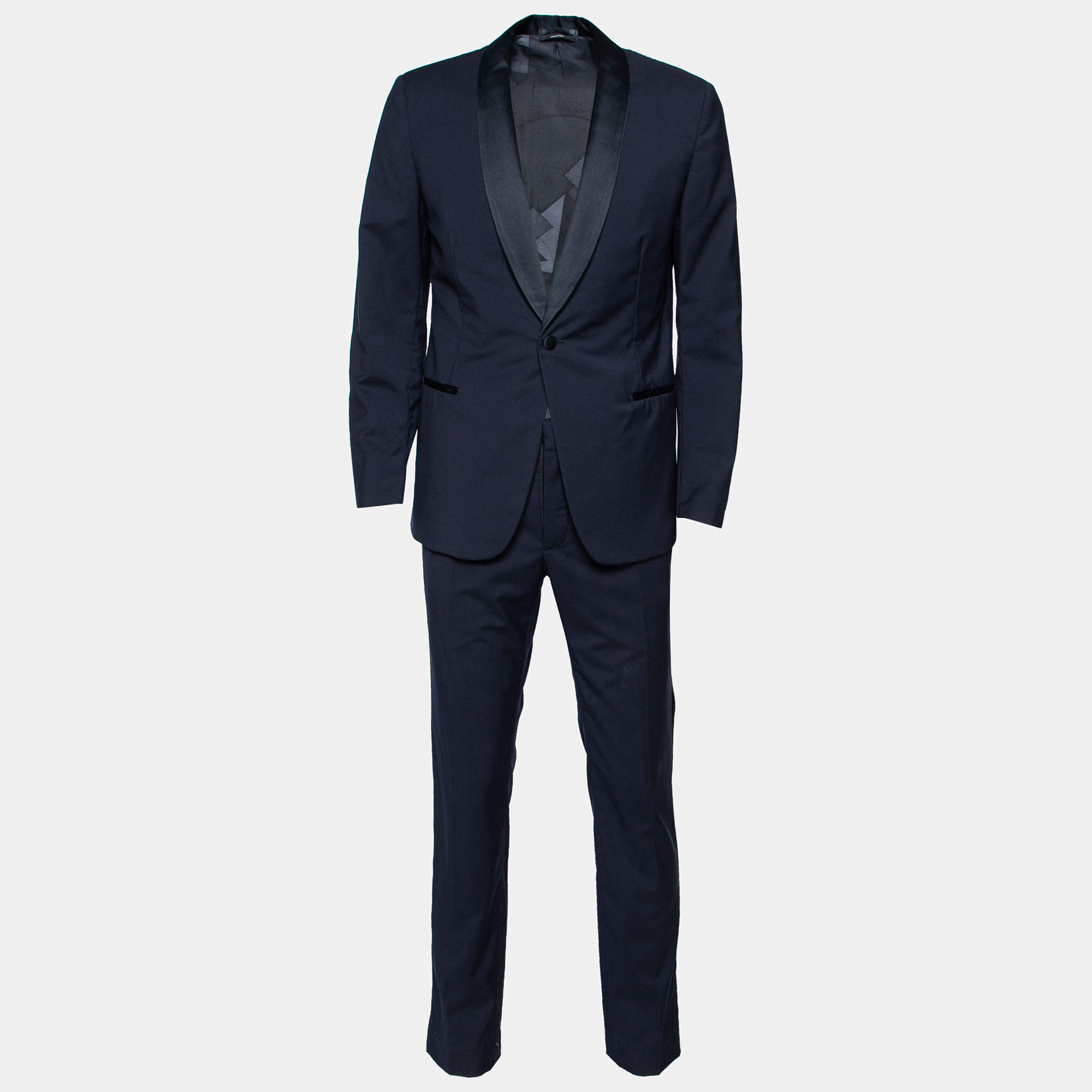 مملوكة مسبقًا Hermes Navy Blue Wool & Satin Trimmed Single Breasted Suit L