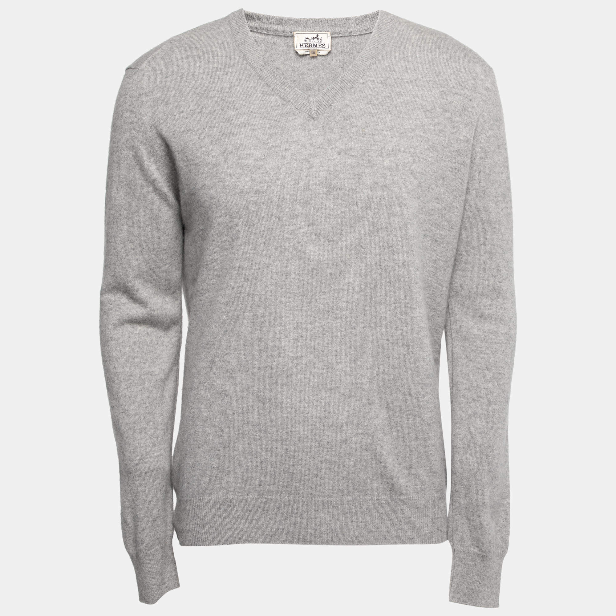 Hermes Grey Cashmere V-Neck Long Sleeve Sweater XXL