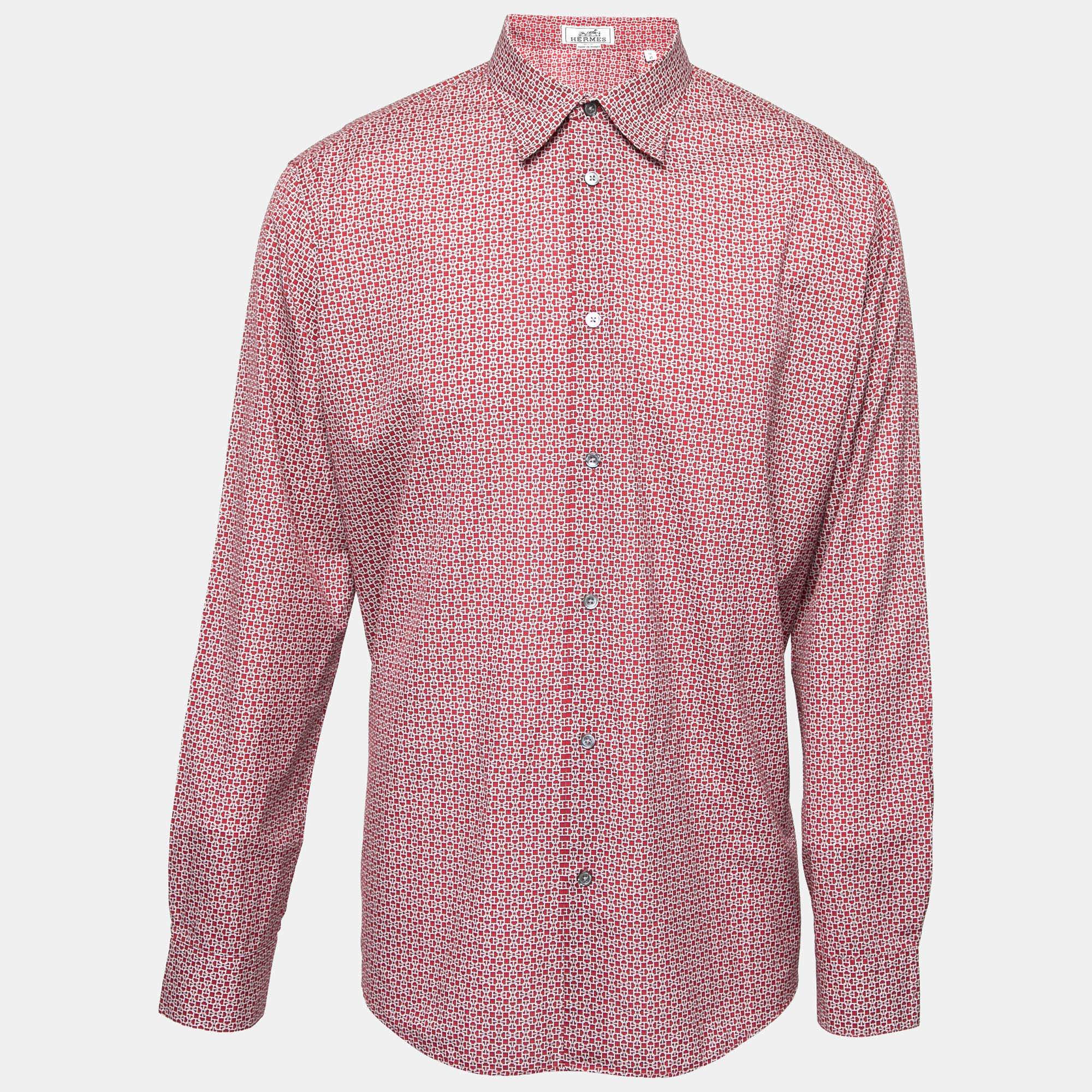 Hermes Red Printed Cotton Button Front Shirt XXXL