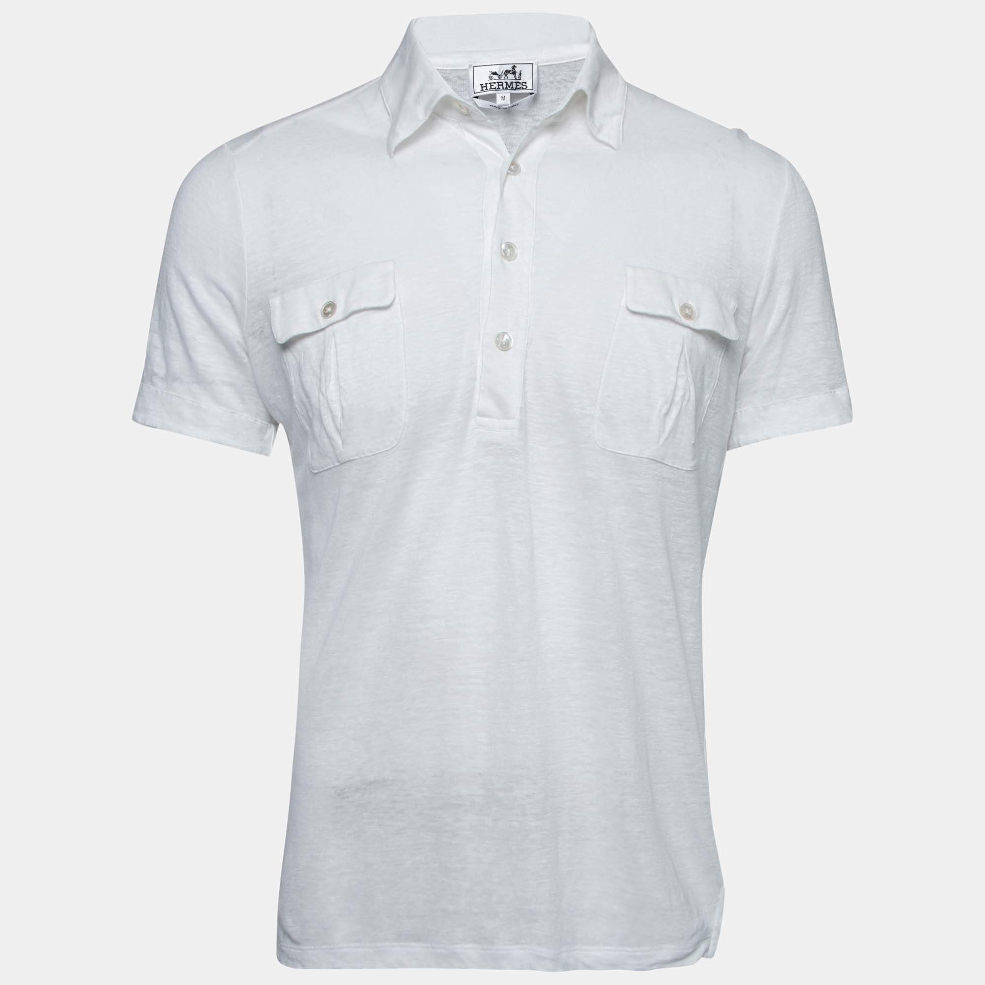 Pre Owned Hermes White Linen Pocketed Short Sleeve Polo T-Shirt M