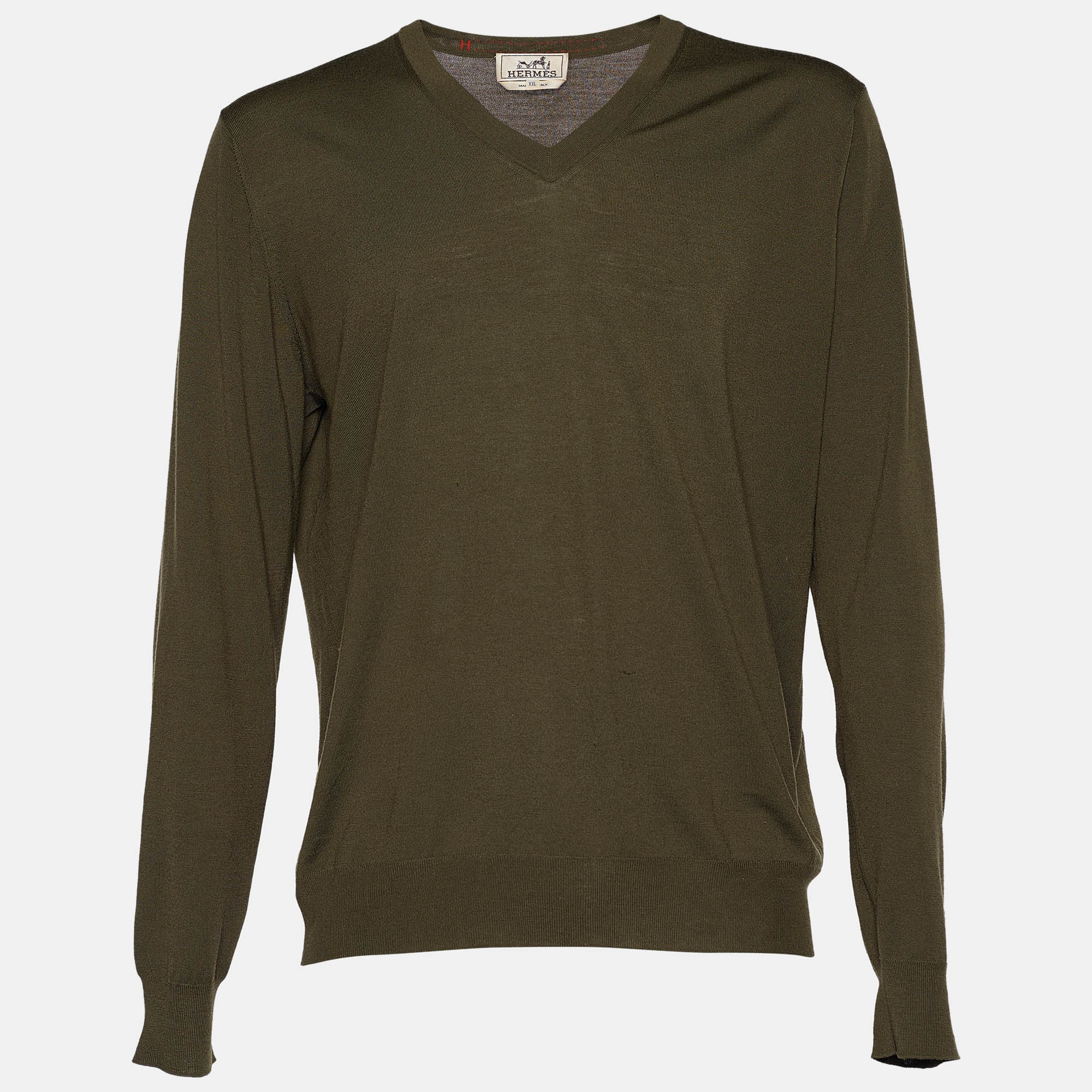 Hermes Olive Green Wool Knit Long Sleeve Jumper XXL