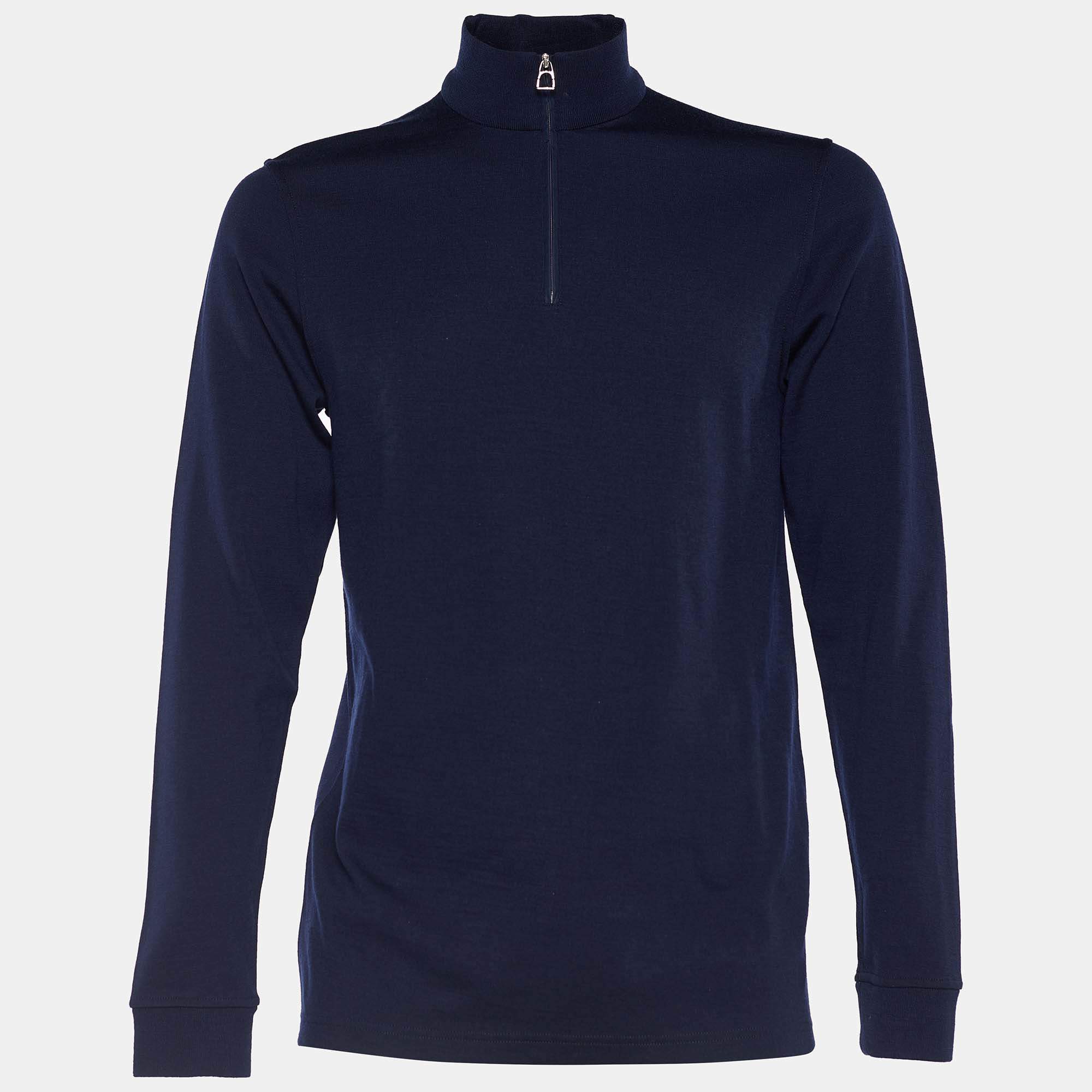 Hermes Sellier Navy Blue Wool Knit Zip Detail T-Shirt XXL