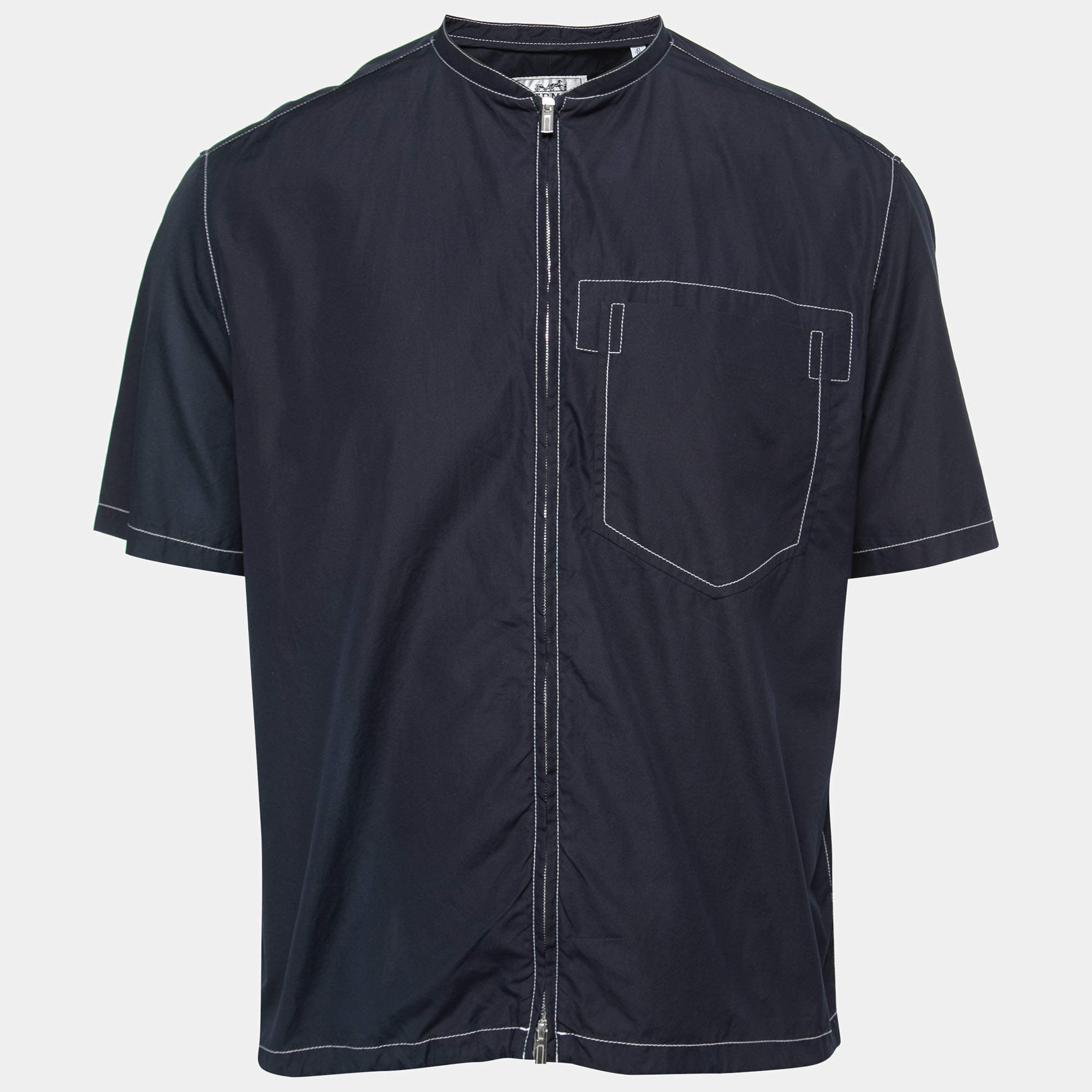 Pre Owned Hermes Dark Blue Cotton Zip Front Short Sleeve Shirt L
