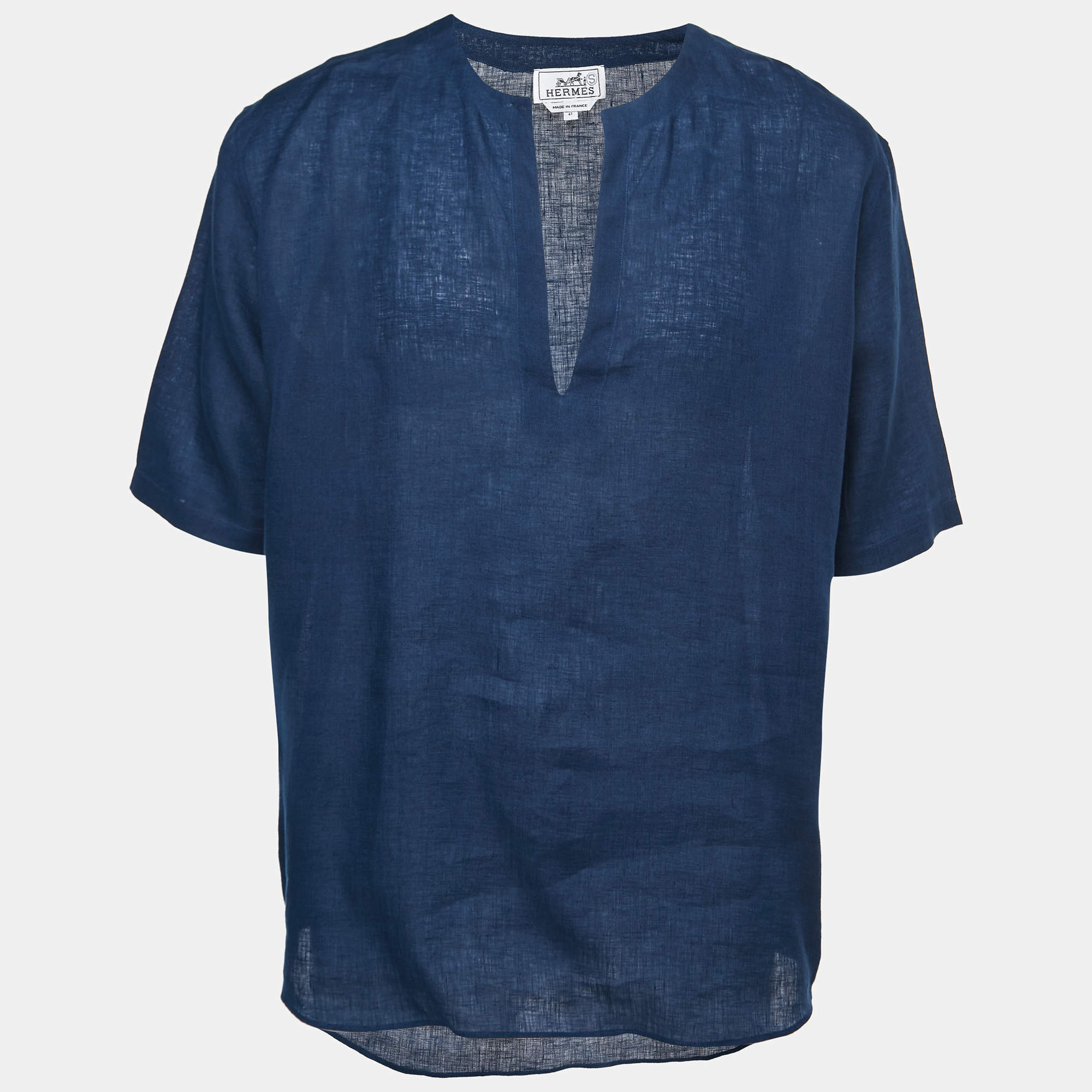 Hermes Navy Blue Linen Tunic Shirt L