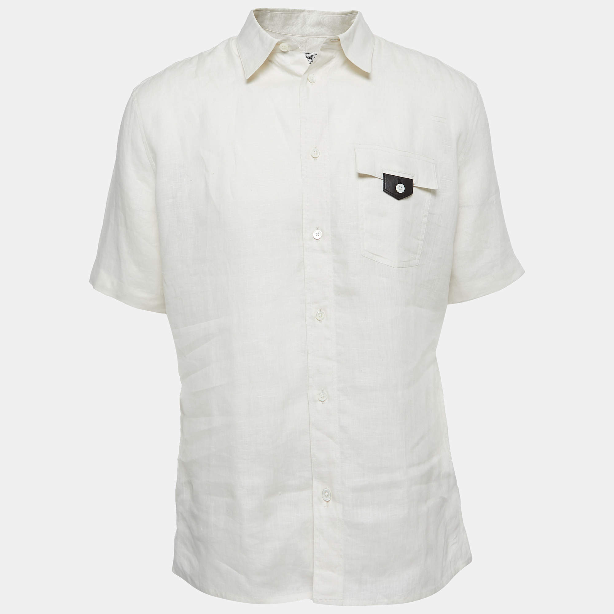 Hermes Ecru White Linen Short Sleeve Shirt L