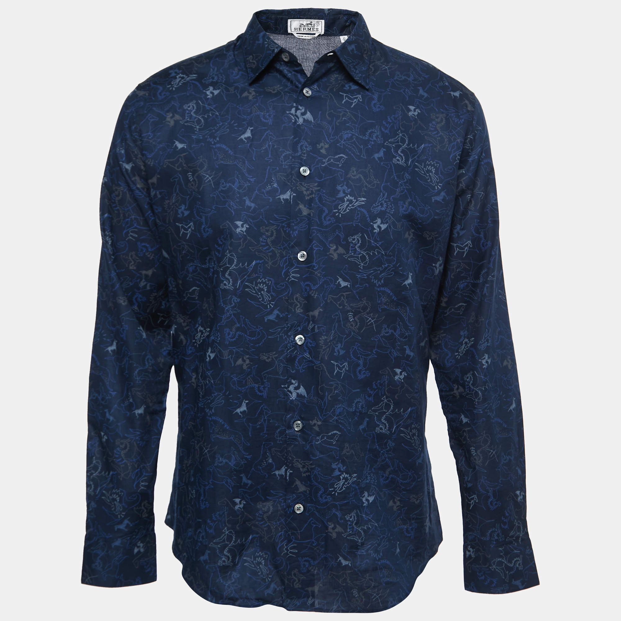 Hermes Navy Blue Dragon Patterned Cotton Button Front Shirt L