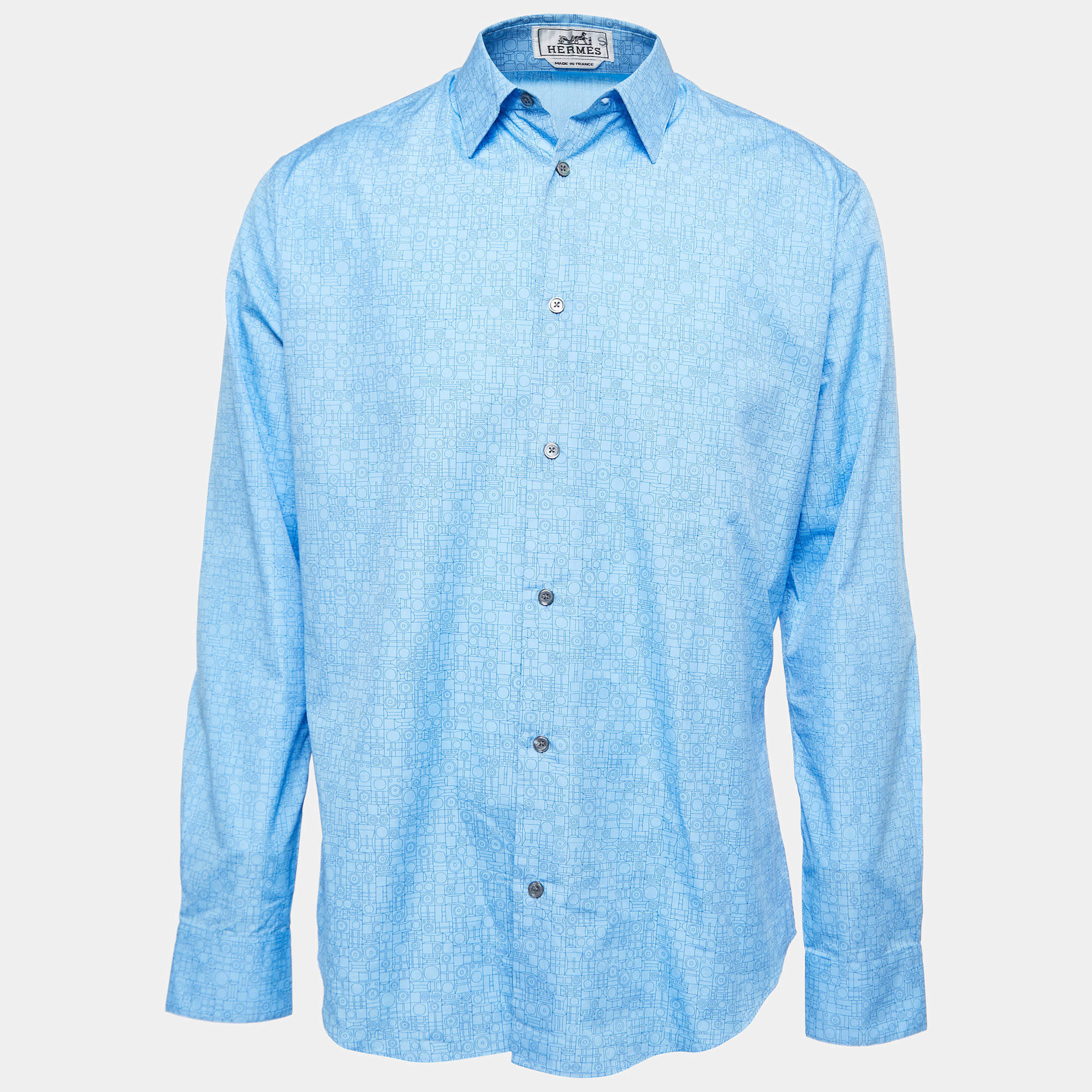 Pre Owned Hermes Light Blue Geometric Patterned Cotton Button Front Shirt L
