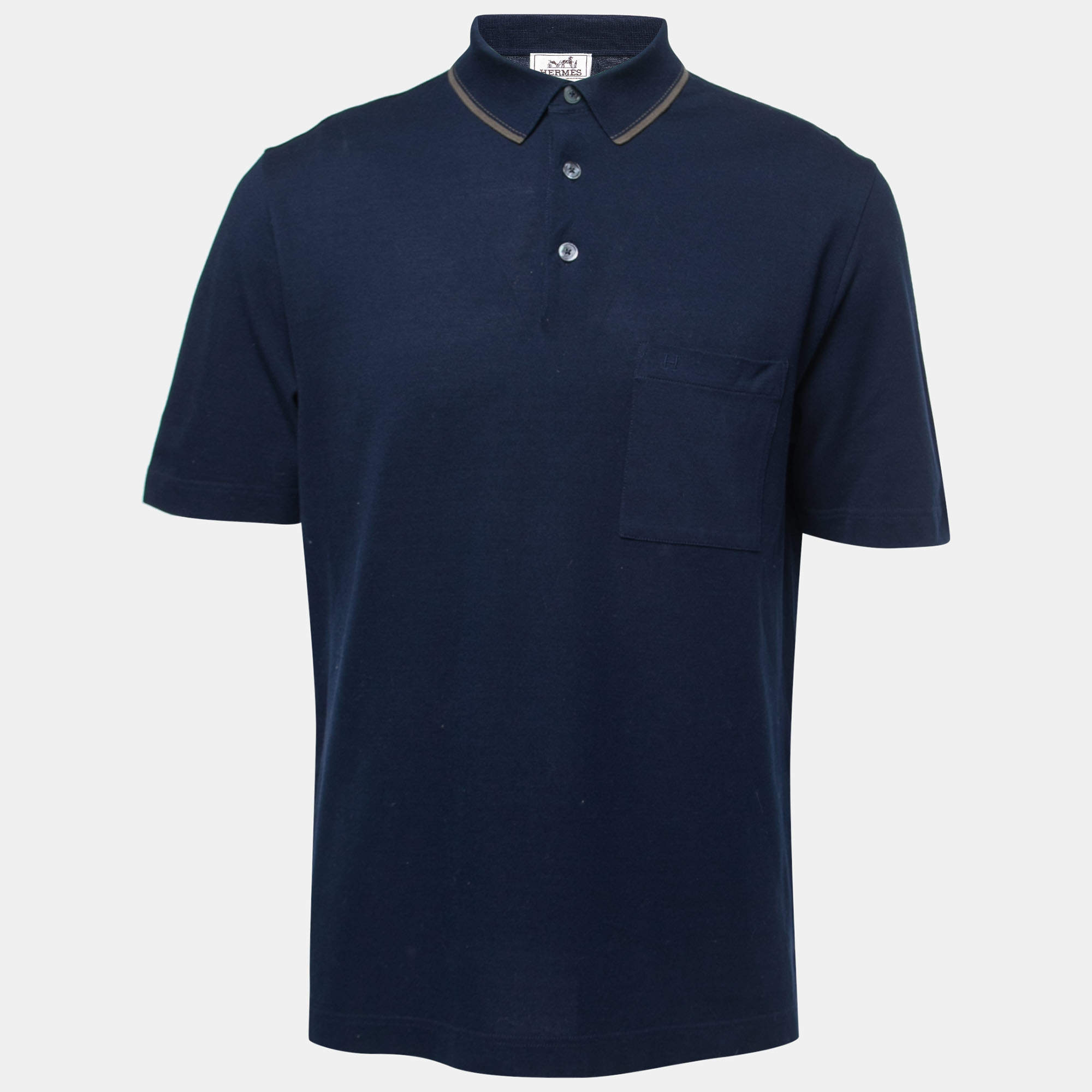 Pre Owned Hermes Navy Blue Cotton Pique Logo Embroidered Polo T-Shirt L