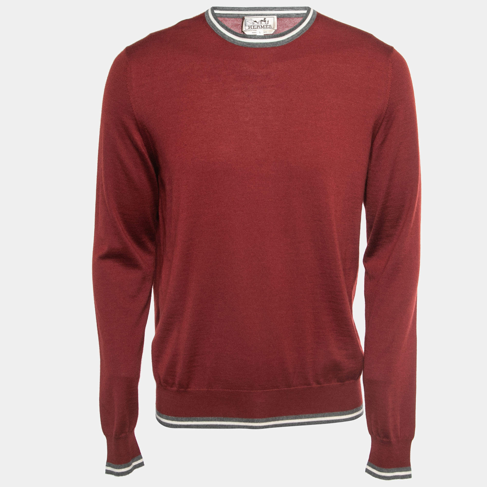 Hermes Red Cashmere Contrast Trim Crew Neck Pullover L