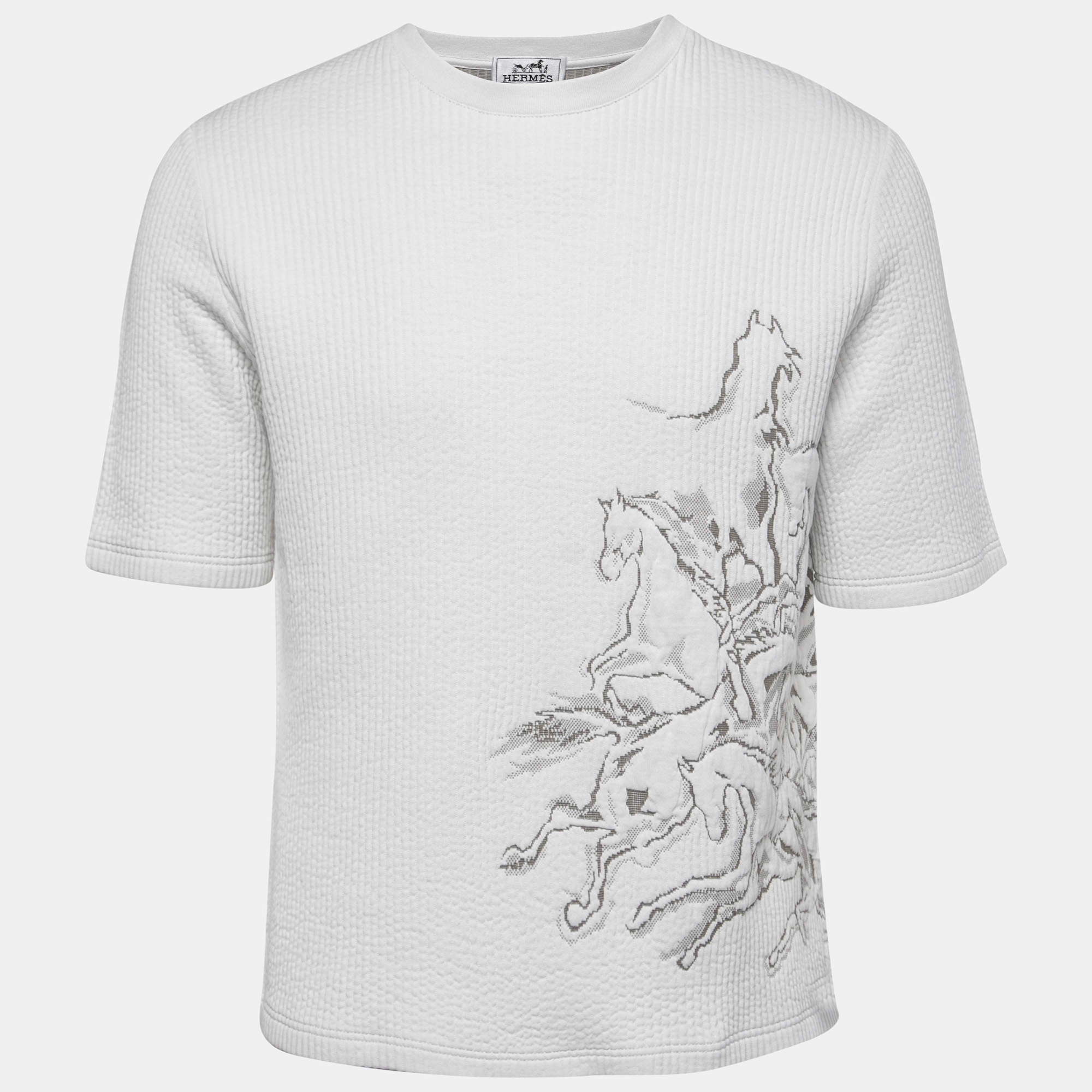 Hermes White Cavalcade Jacquard Cotton Rib Knit Crew Neck T