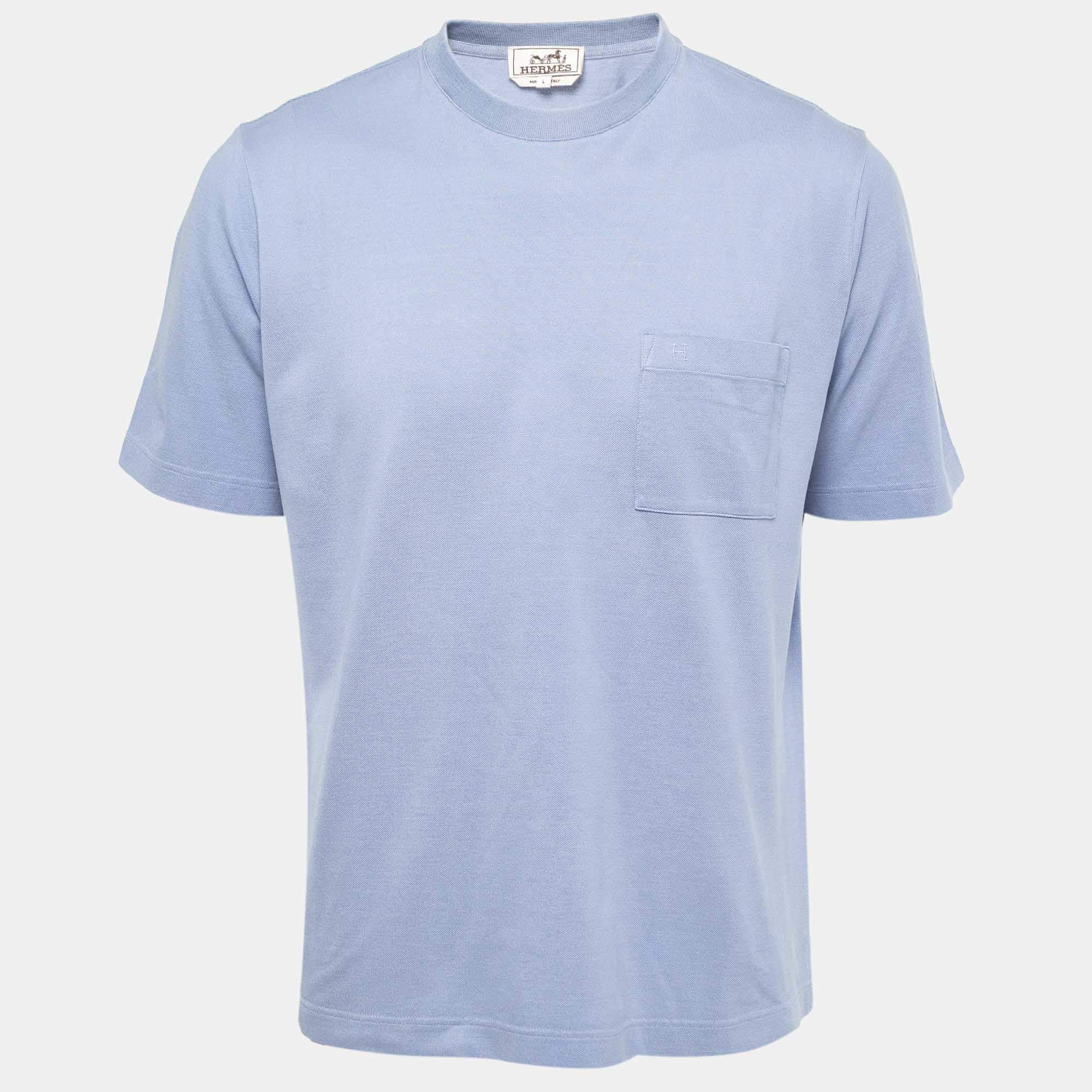 Pre Owned Hermes Blue Cotton Crew Neck Half Sleeve T-Shirt L
