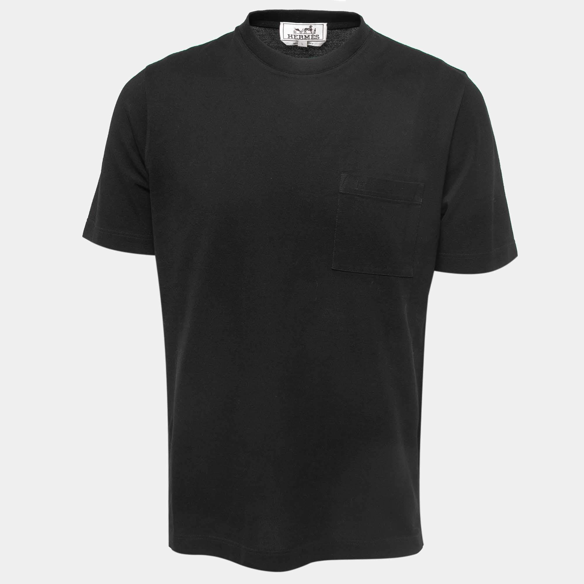 Pre Owned Hermes Black Cotton Crew Neck Half Sleeve T-Shirt L