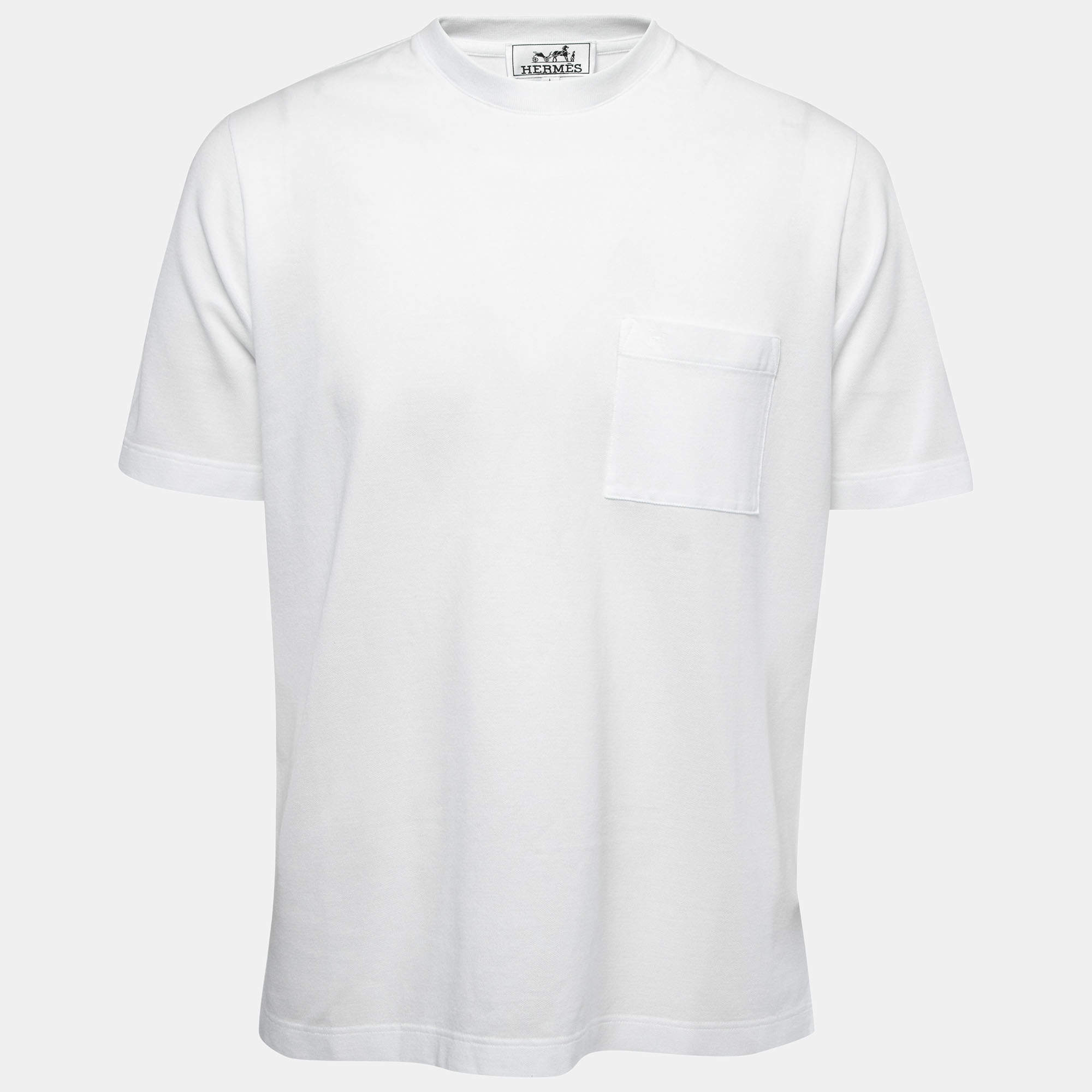 Pre Owned Hermes White Cotton Crew Neck Half Sleeve T-Shirt L