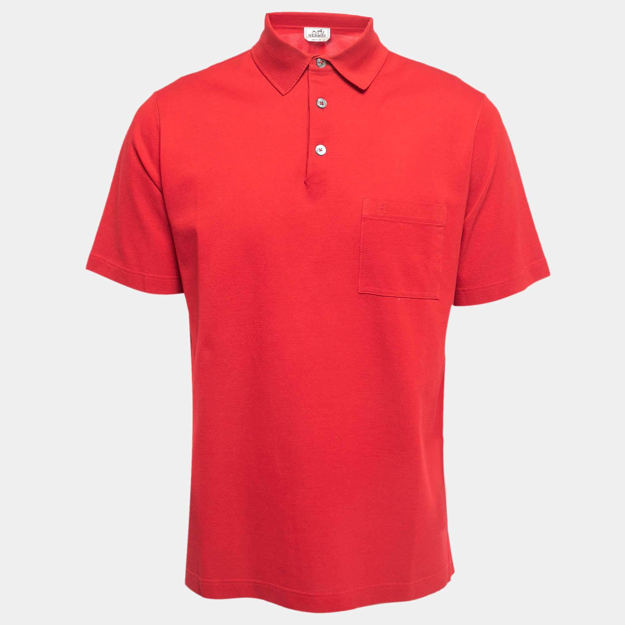 Hermès Red Cotton Pique Polo T-Shirt L