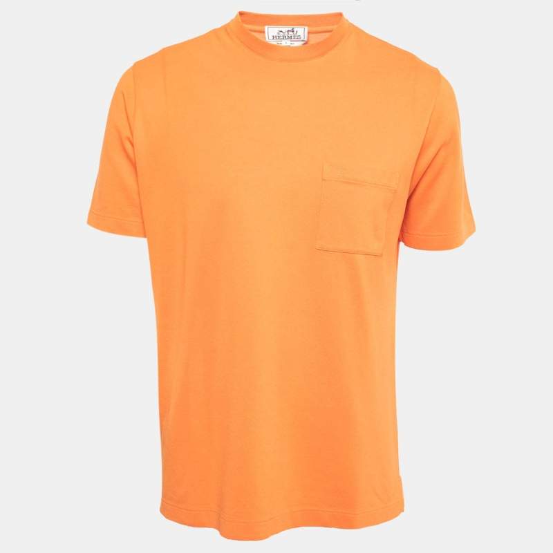 Pre Owned Hermès Orange Cotton Crew Neck Half Sleeve T-Shirt L