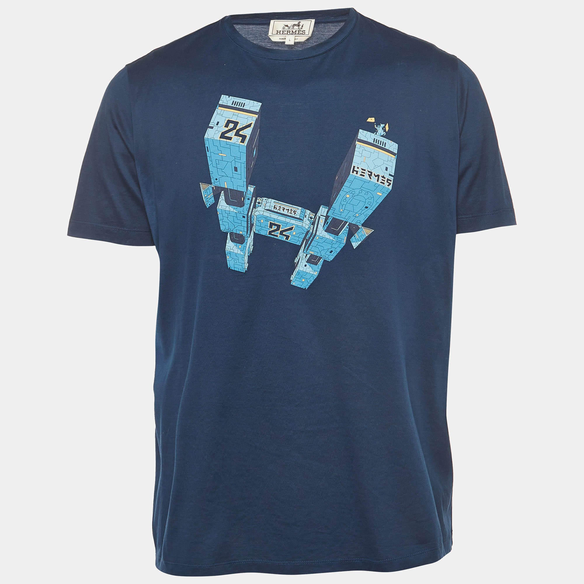 Hermes Navy Blue Odyssee Print Cotton Crew Neck T-Shirt L