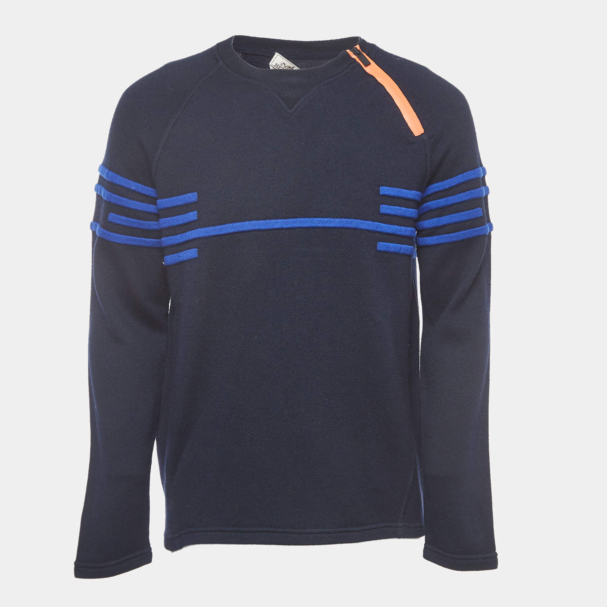 Hermes Navy Blue Striped Wool Knit Crew Neck Sweater L