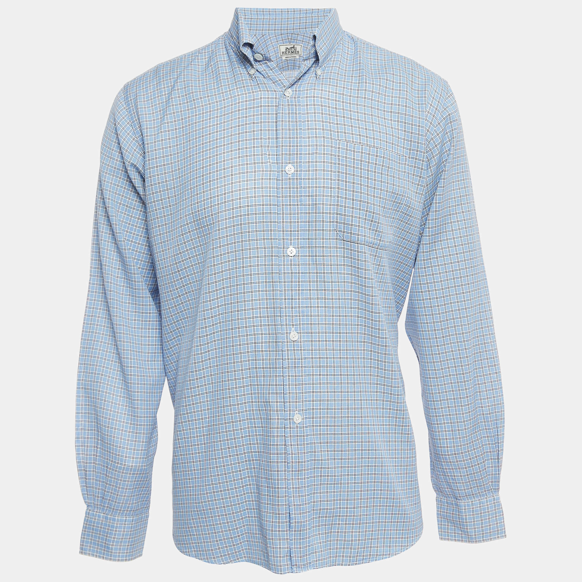 Hermes Blue Checked Cotton Button Down Full Sleeve Shirt L 