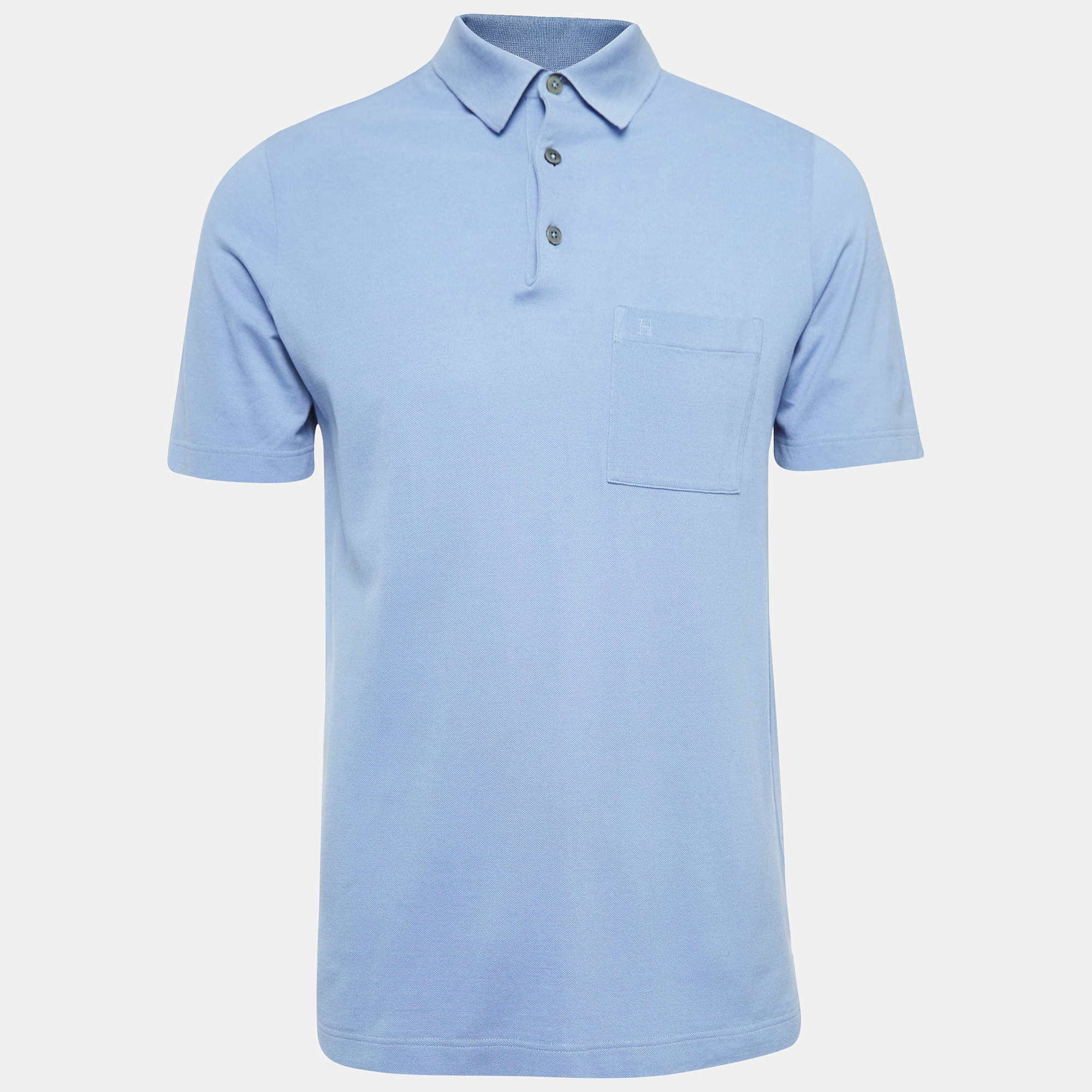 Pre Owned Hermes Blue Logo Embroidered Cotton Pique Polo T-Shirt M