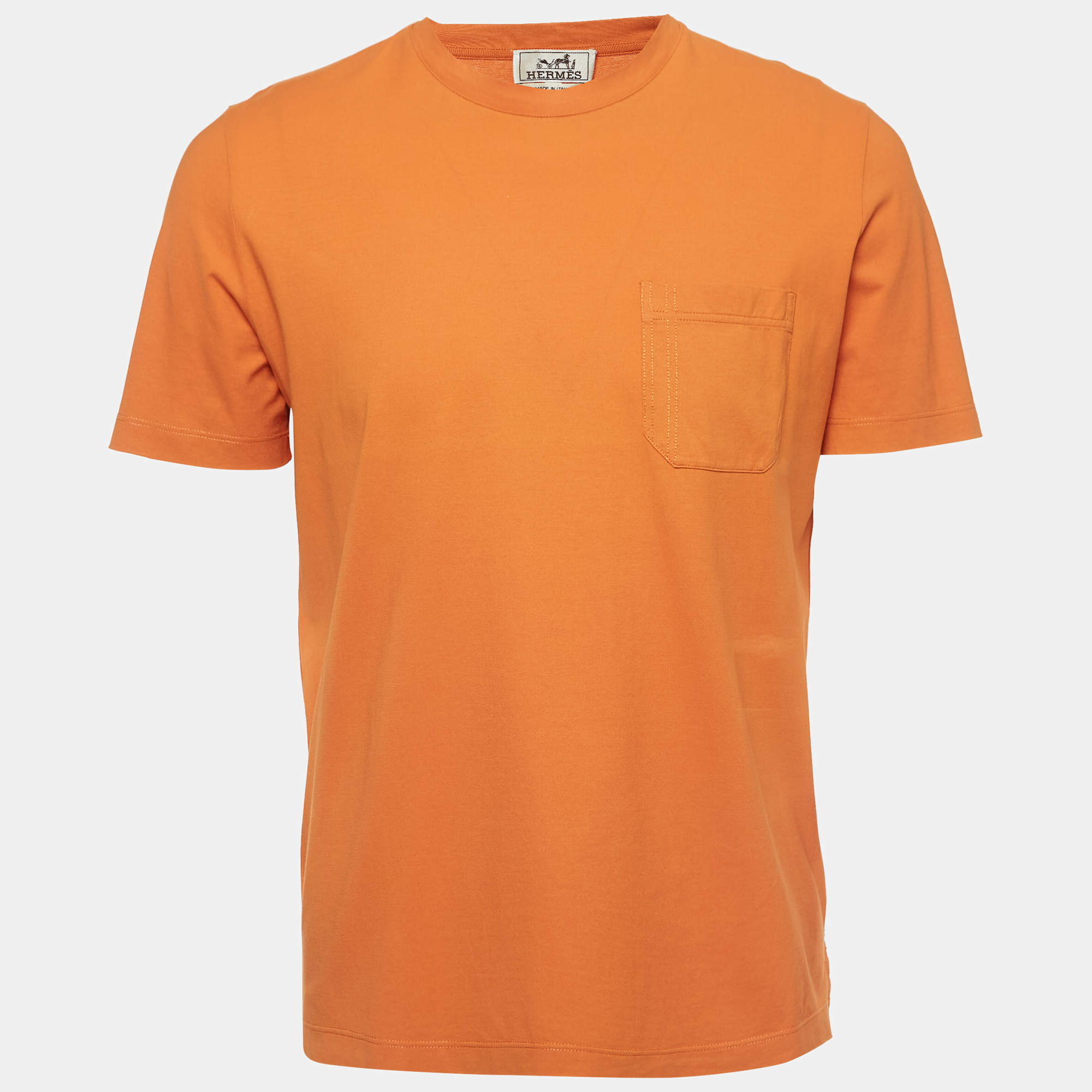 Pre Owned Hermes Orange Cotton Pocket Detail Half Sleeve T-Shirt M