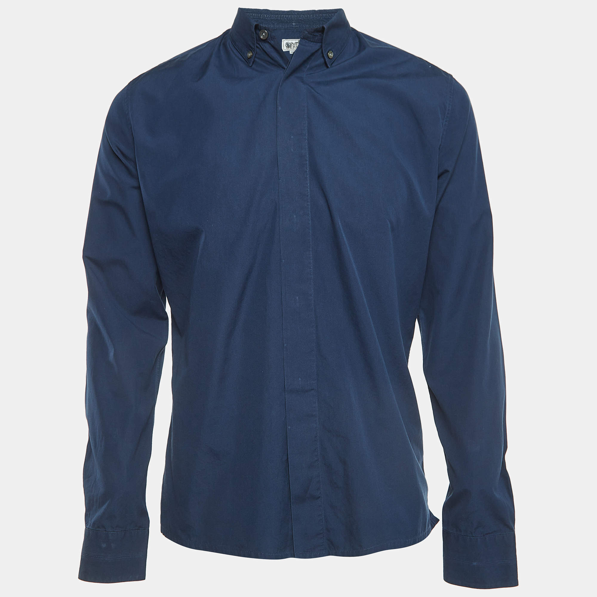 Pre Owned Hermes Blue Cotton Fly Front Full Sleeve Shirt M