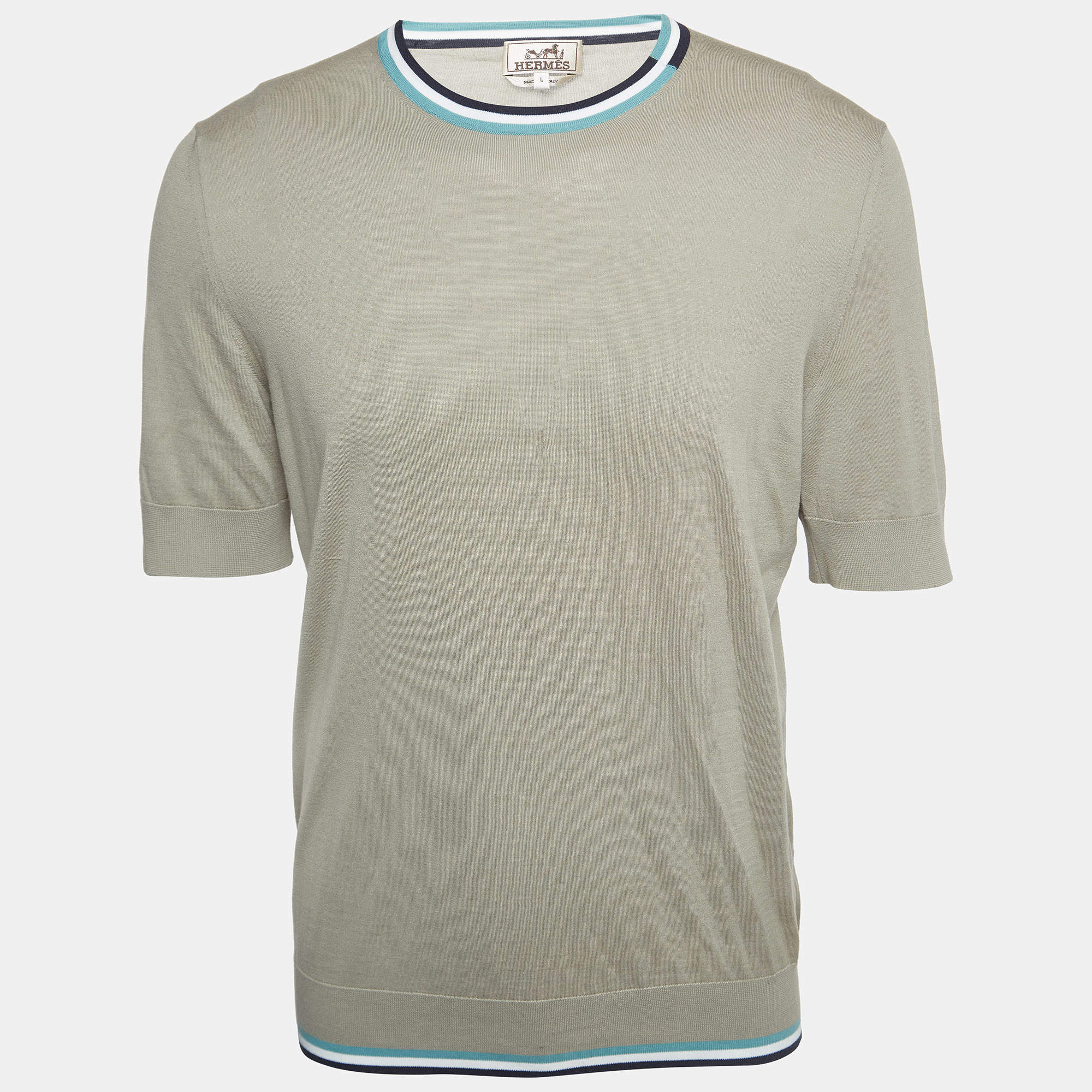 Pre Owned Hermes Grey Cotton Knit Stripe Detail Round Neck T-Shirt L
