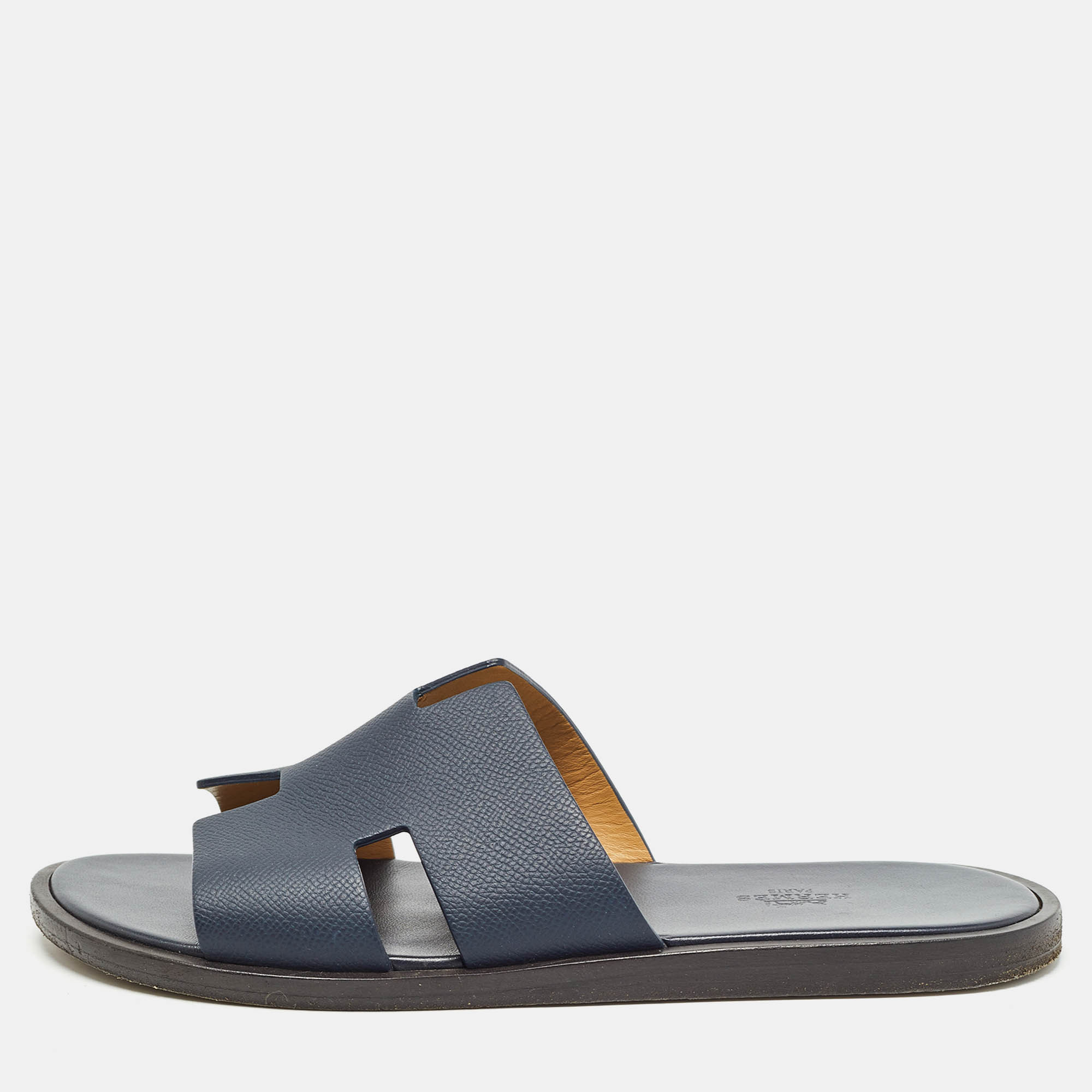 Hermes Navy Blue Leather Izmir Flat Slides Size 40