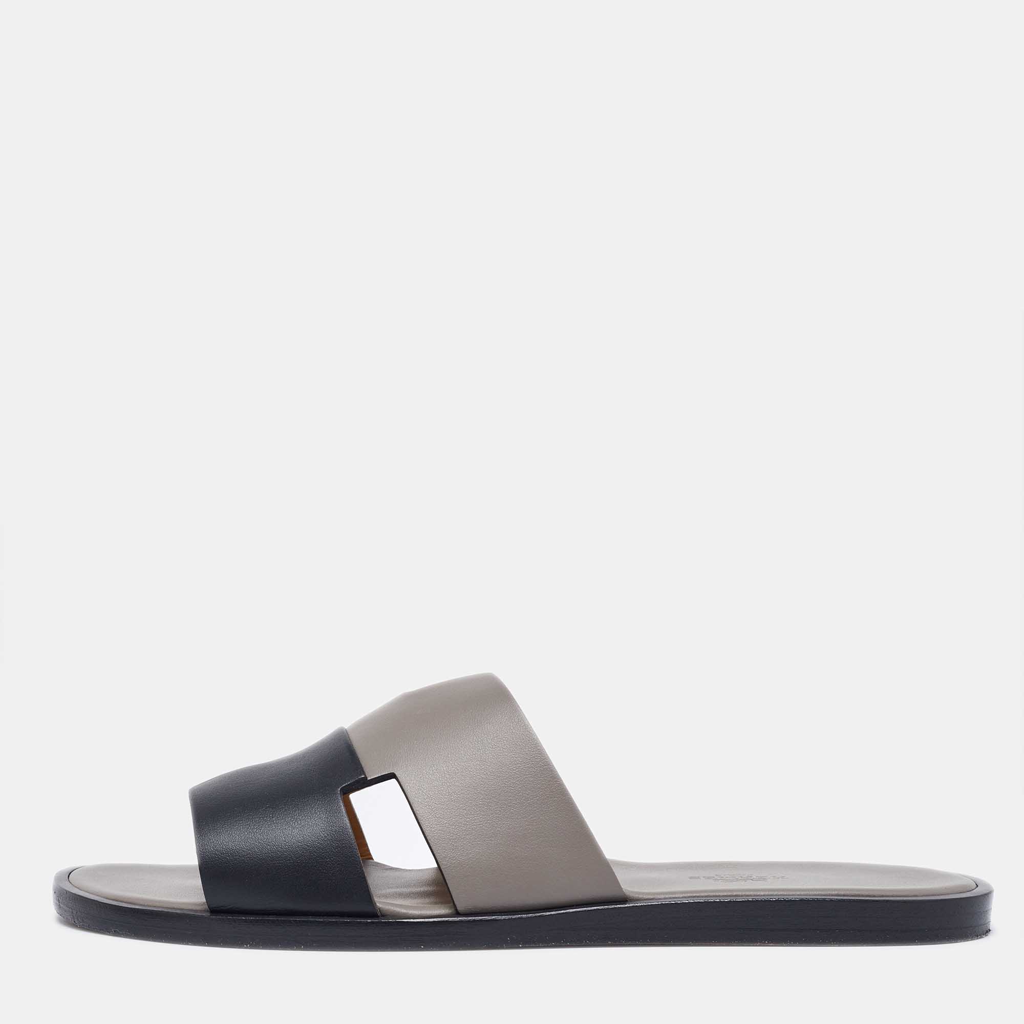 Hermes Grey/Black Leather Izmir Flat Slides Size 41.5